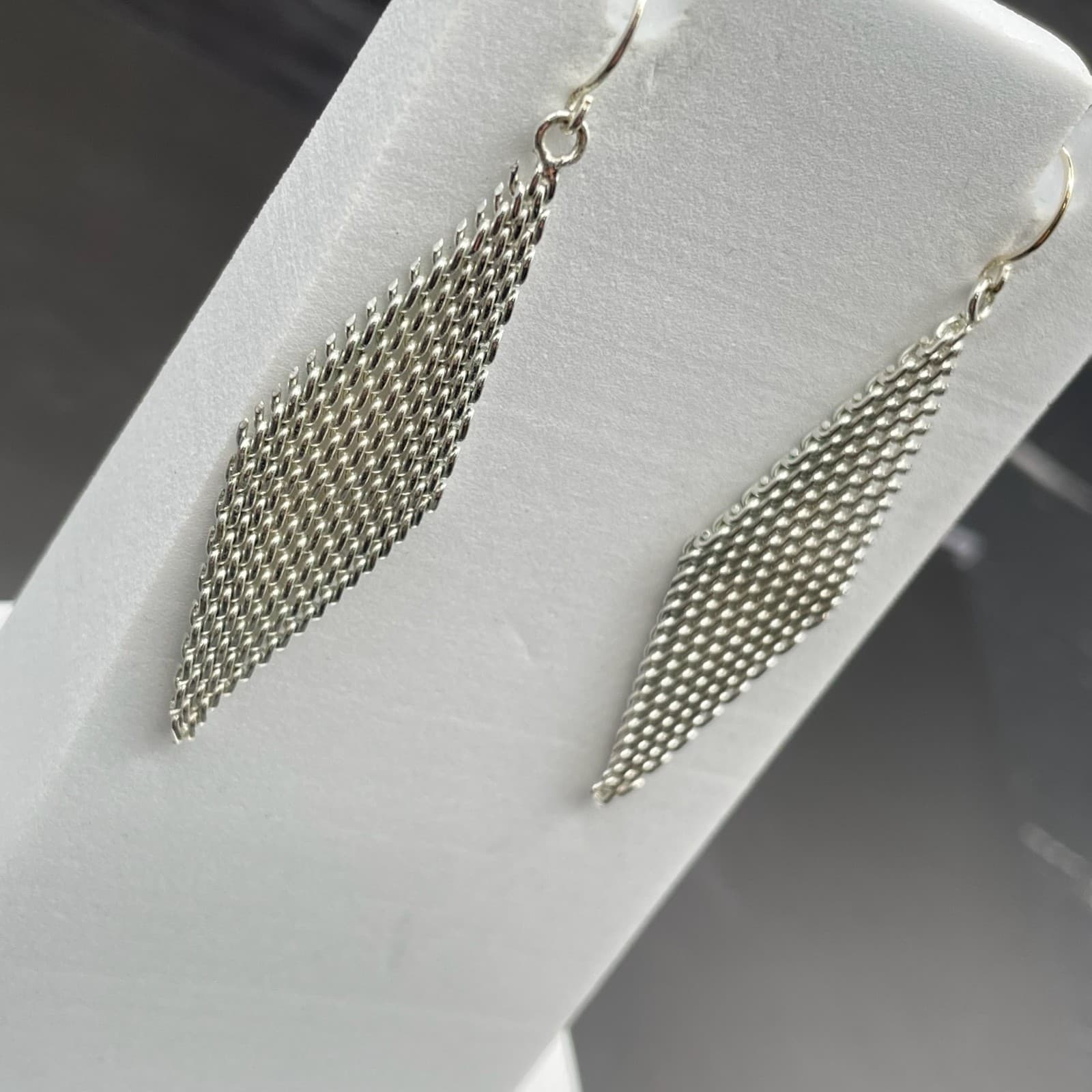 Silver Tone Mesh Diamond Dangle Earrings Retro Disco Style - Thumbnail 3