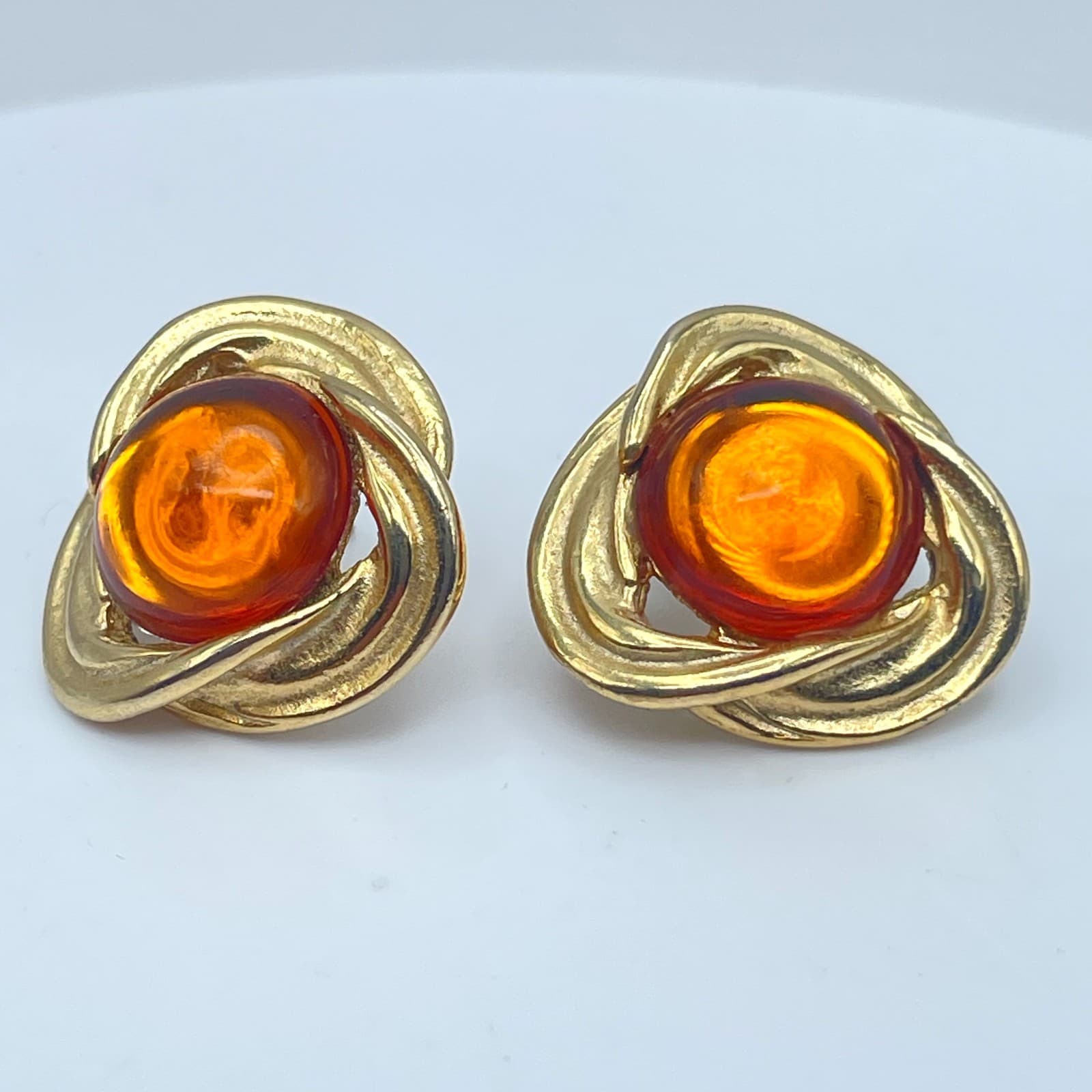 Vintage 90s Amber Cabochon Gold Tone Stud Earrings Women's Classic Jewelry - Thumbnail 4