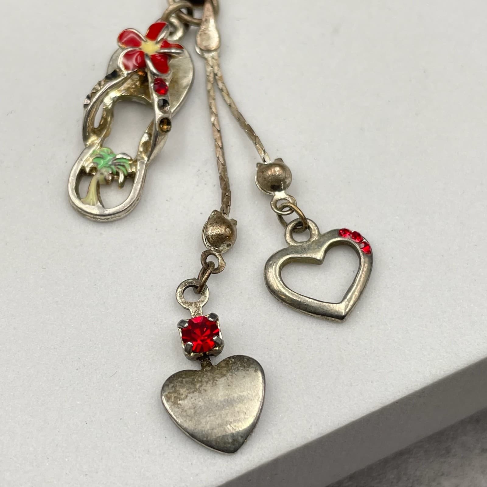 Y2K Silver-Tone Embellished Red Plumeria Flower Heart Dangle Cell Phone Charm - Thumbnail 2