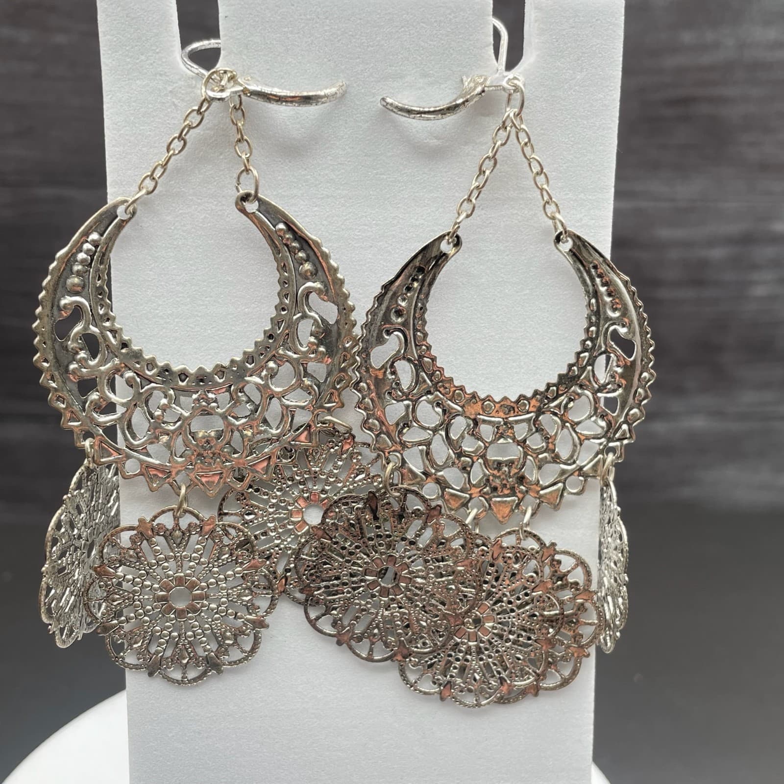 Silver Tone Filigree Chandelier Earrings Boho Crescent Medallion Style - Thumbnail 2