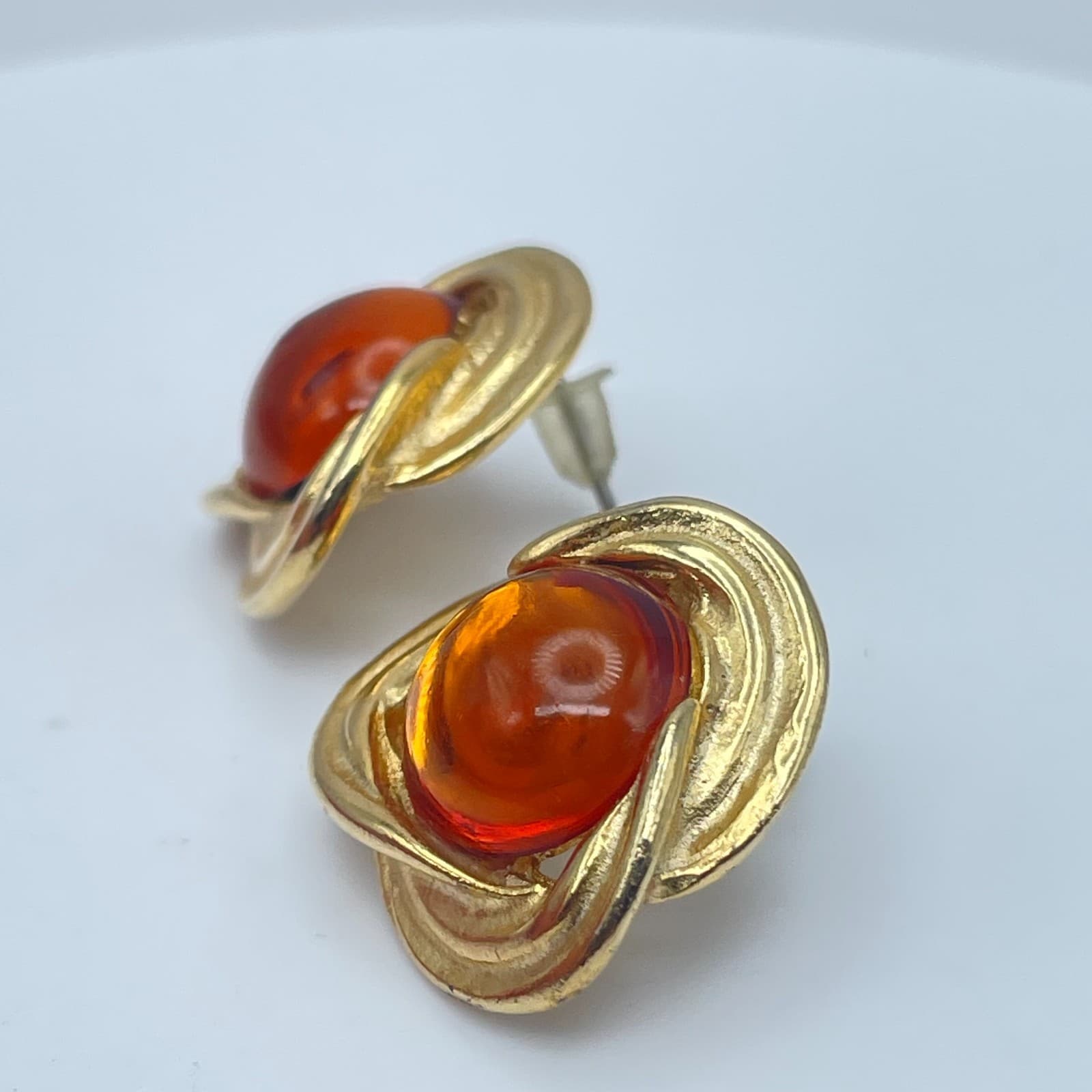 Vintage 90s Amber Cabochon Gold Tone Stud Earrings Women's Classic Jewelry - Thumbnail 5