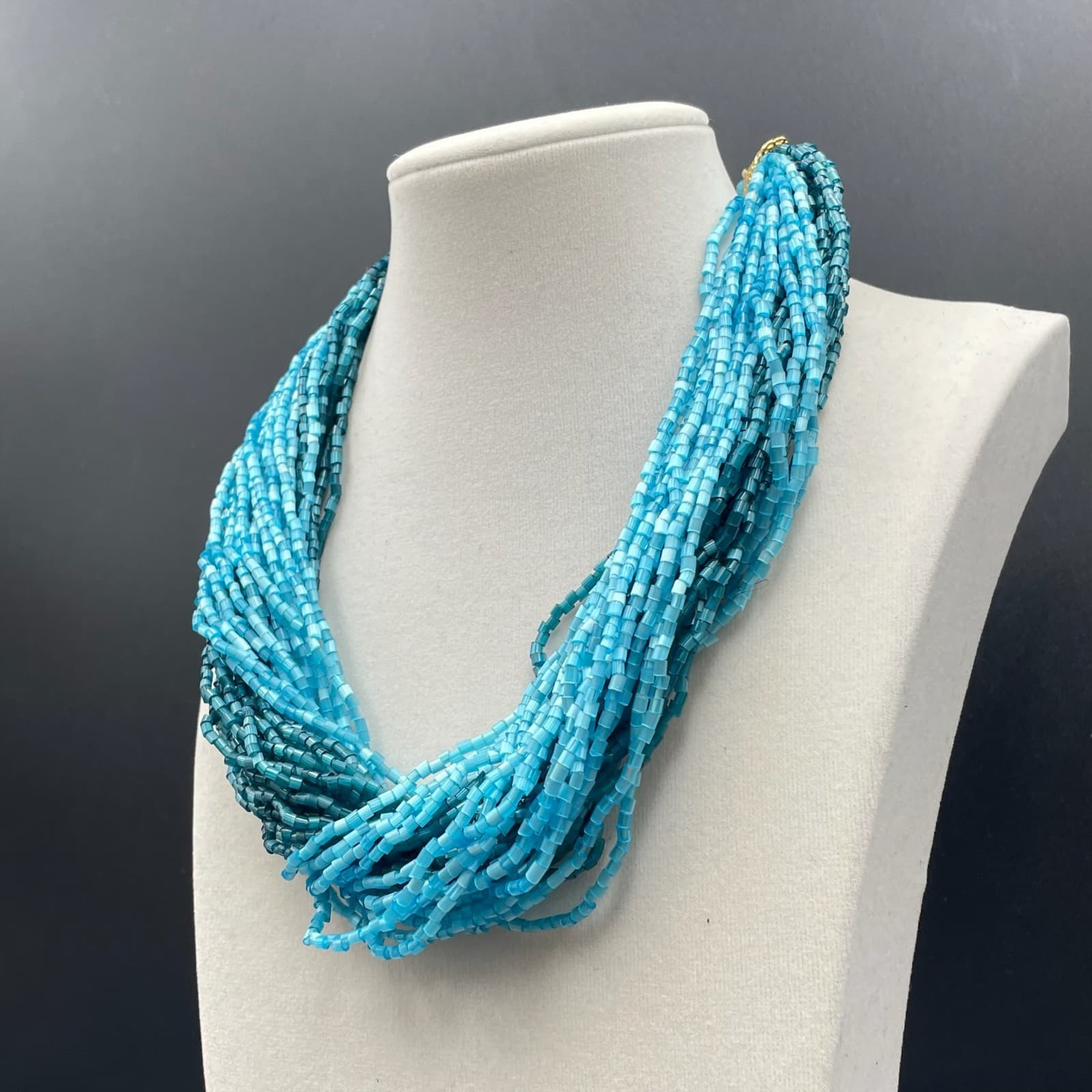 Fashion Gold-Tone Blue Seed Beads Multi-Stranded Hook Layered Statement Necklace - Thumbnail 3