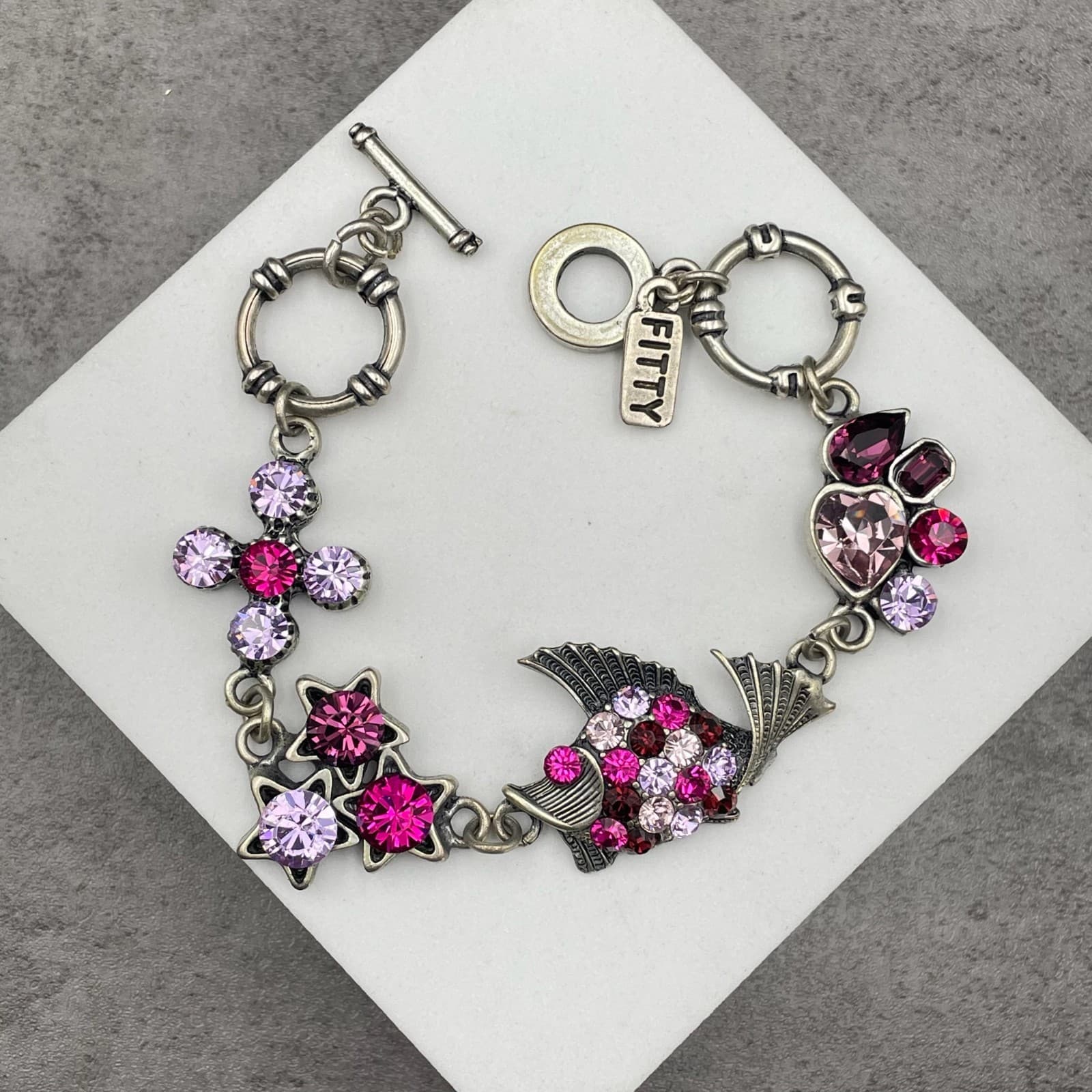 Vintage Multi Faceted Bezel Crystal Embellished Figural Charm Toggle Bracelet - Image 1