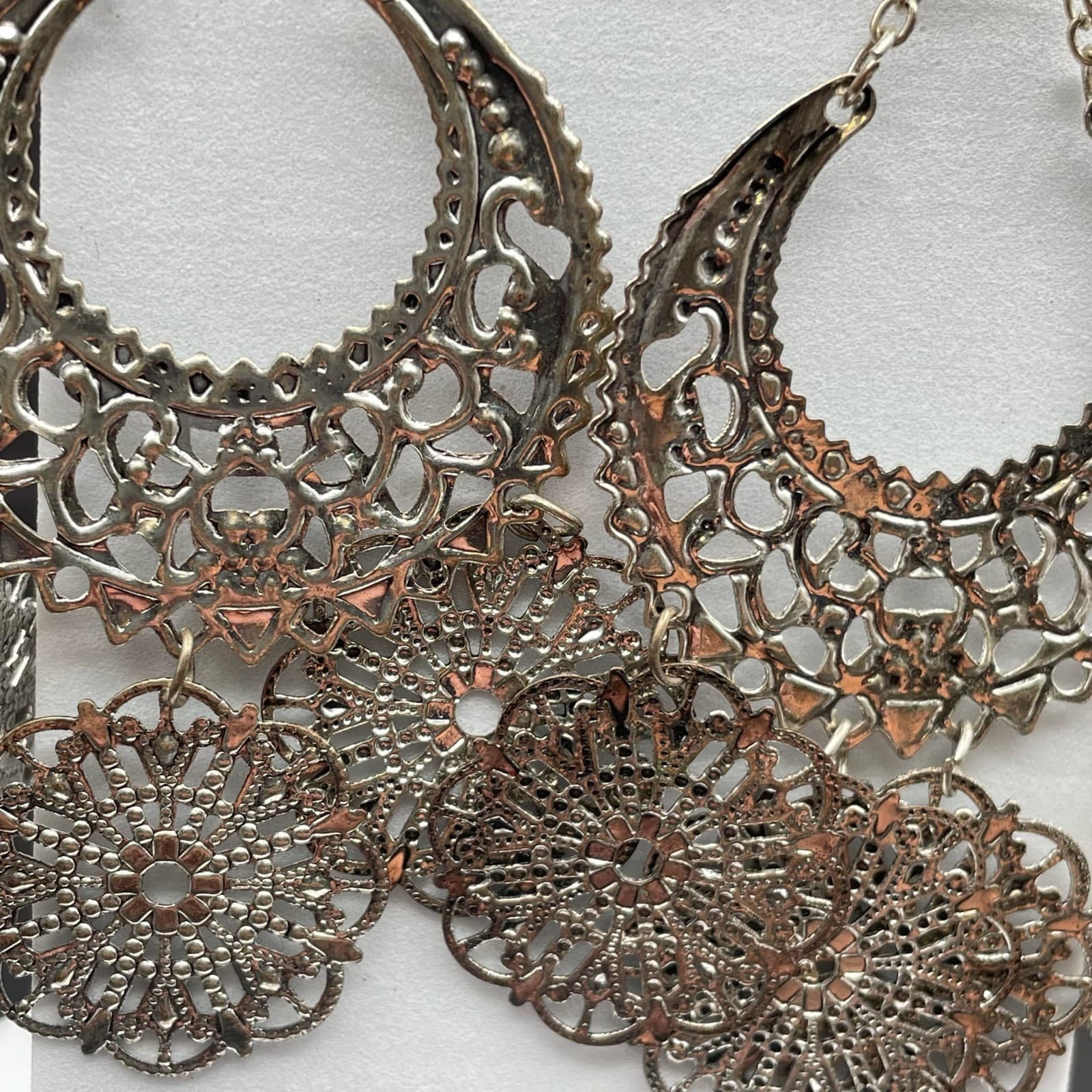 Silver Tone Filigree Chandelier Earrings Boho Crescent Medallion Style - Thumbnail 5