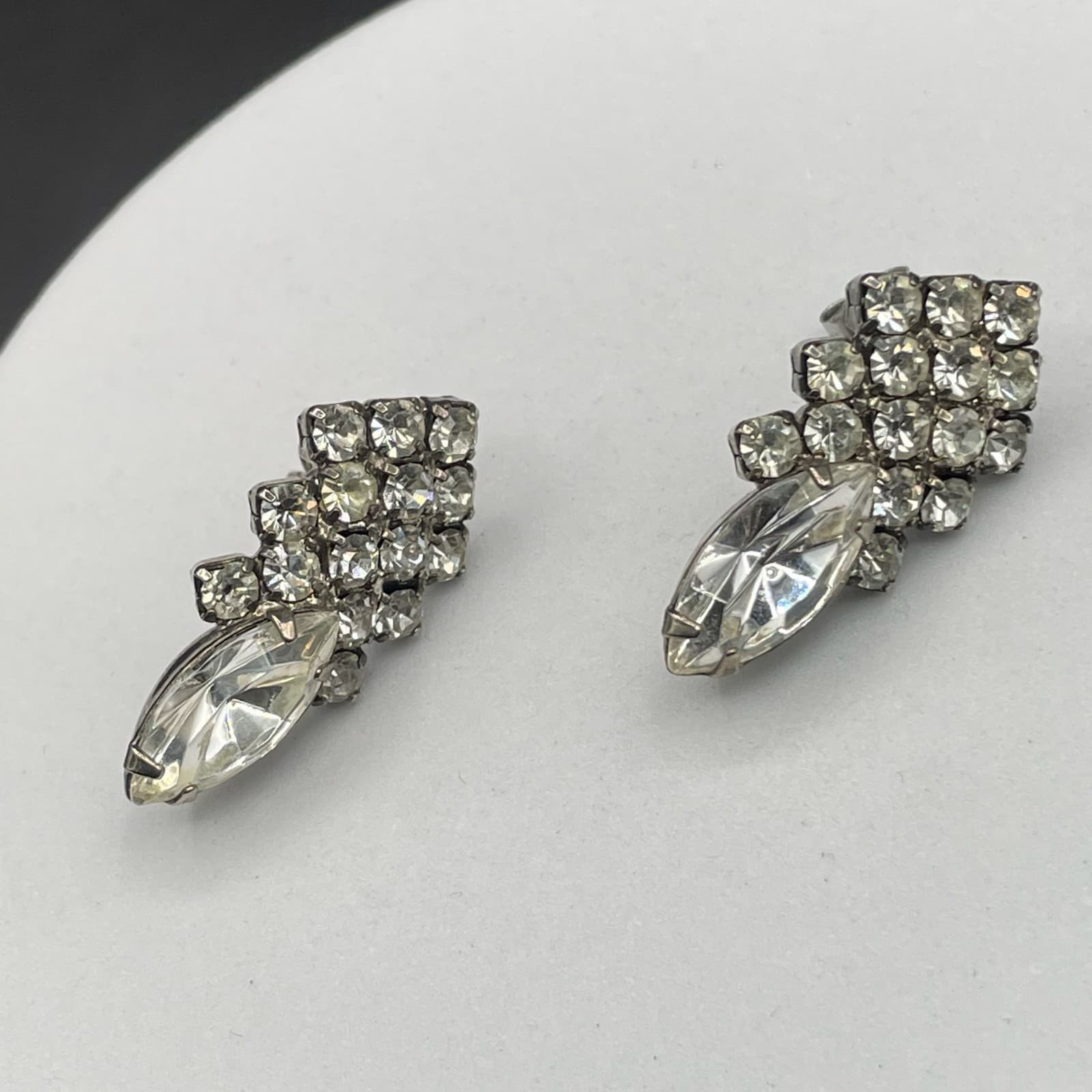 Vintage Rhinestone Cluster Earrings w/ Marquise Crystal Drop Glam - Thumbnail 3