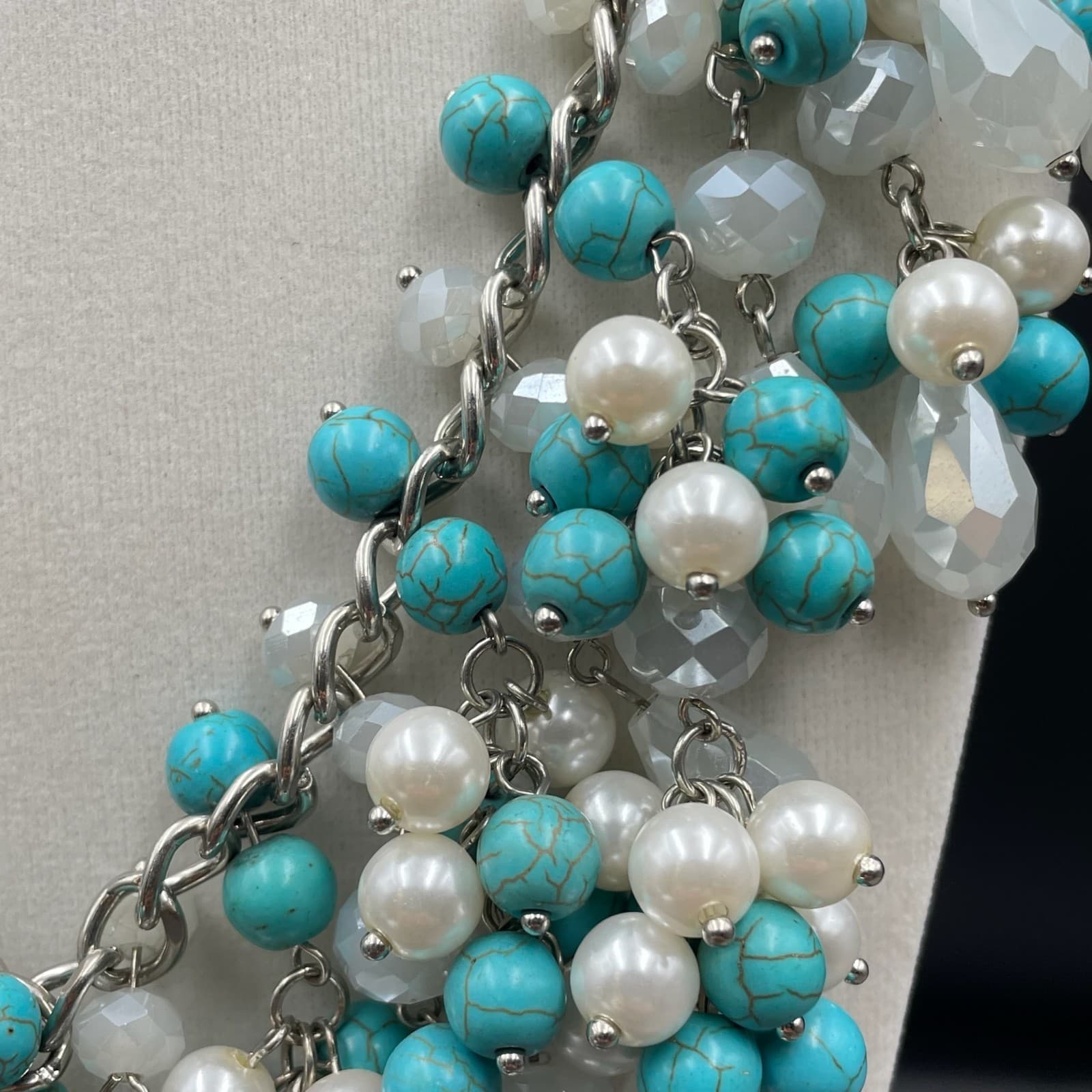 Natasha Silver-Tone Bohemian Turquoise & Pearl Cluster Beaded Statement Necklace - Thumbnail 6