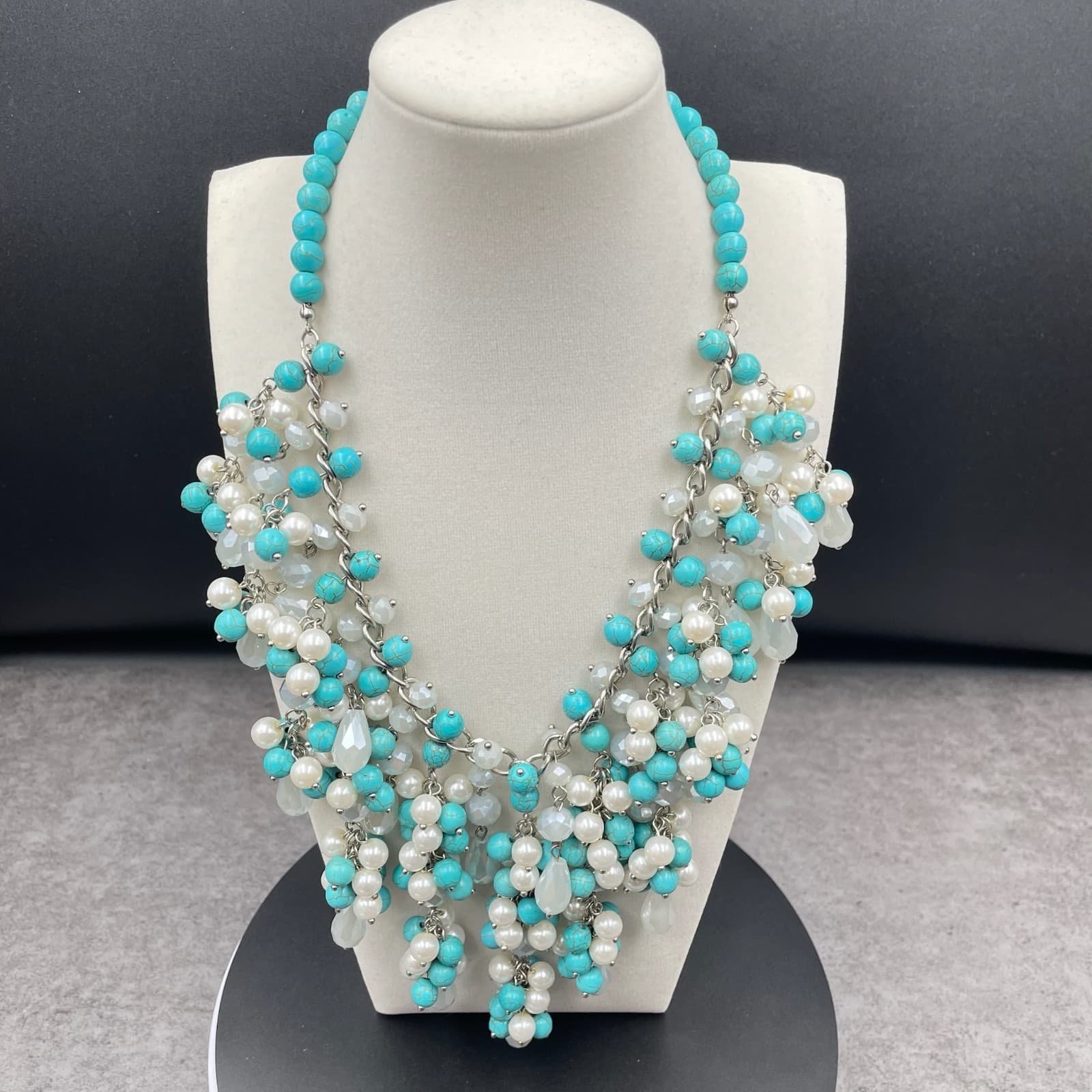 Natasha Silver-Tone Bohemian Turquoise & Pearl Cluster Beaded Statement Necklace - Thumbnail 2