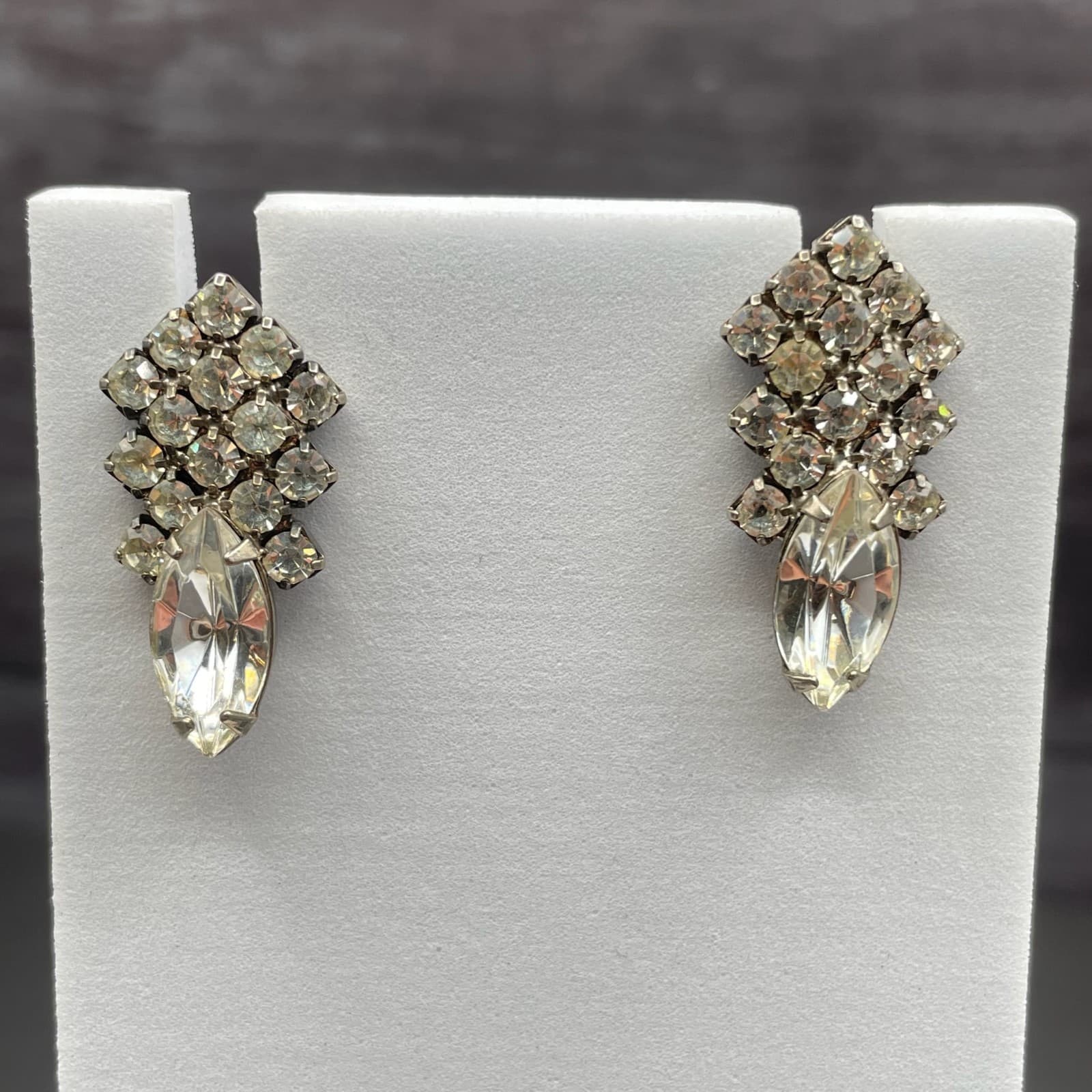 Vintage Rhinestone Cluster Earrings w/ Marquise Crystal Drop Glam - Image 1