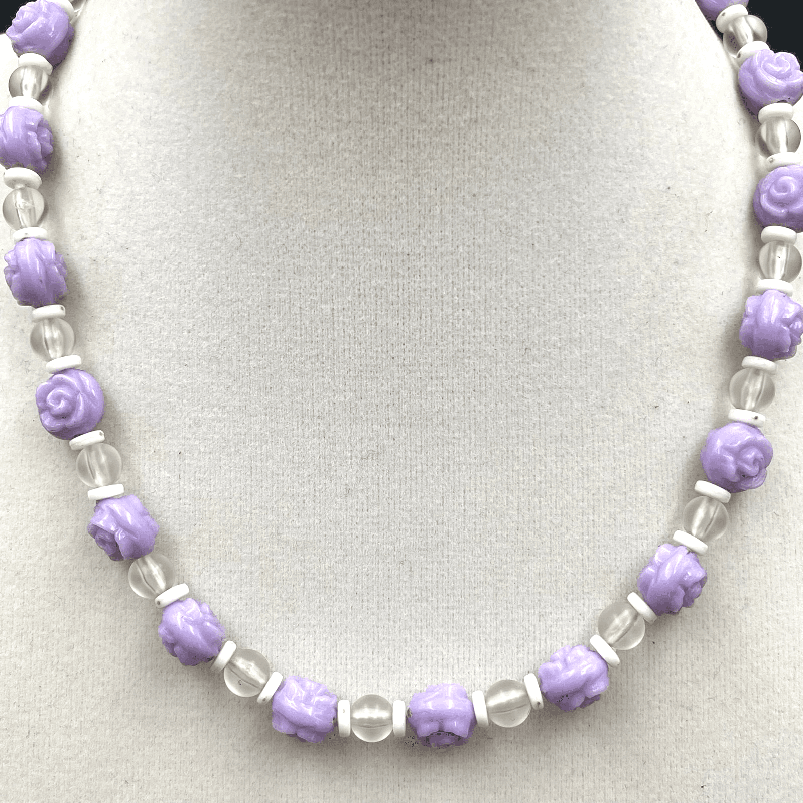 Vintage 1970s Fashion Purple Rose Shaped & Clear Plastic Beaded Lobster Necklace - Image 1