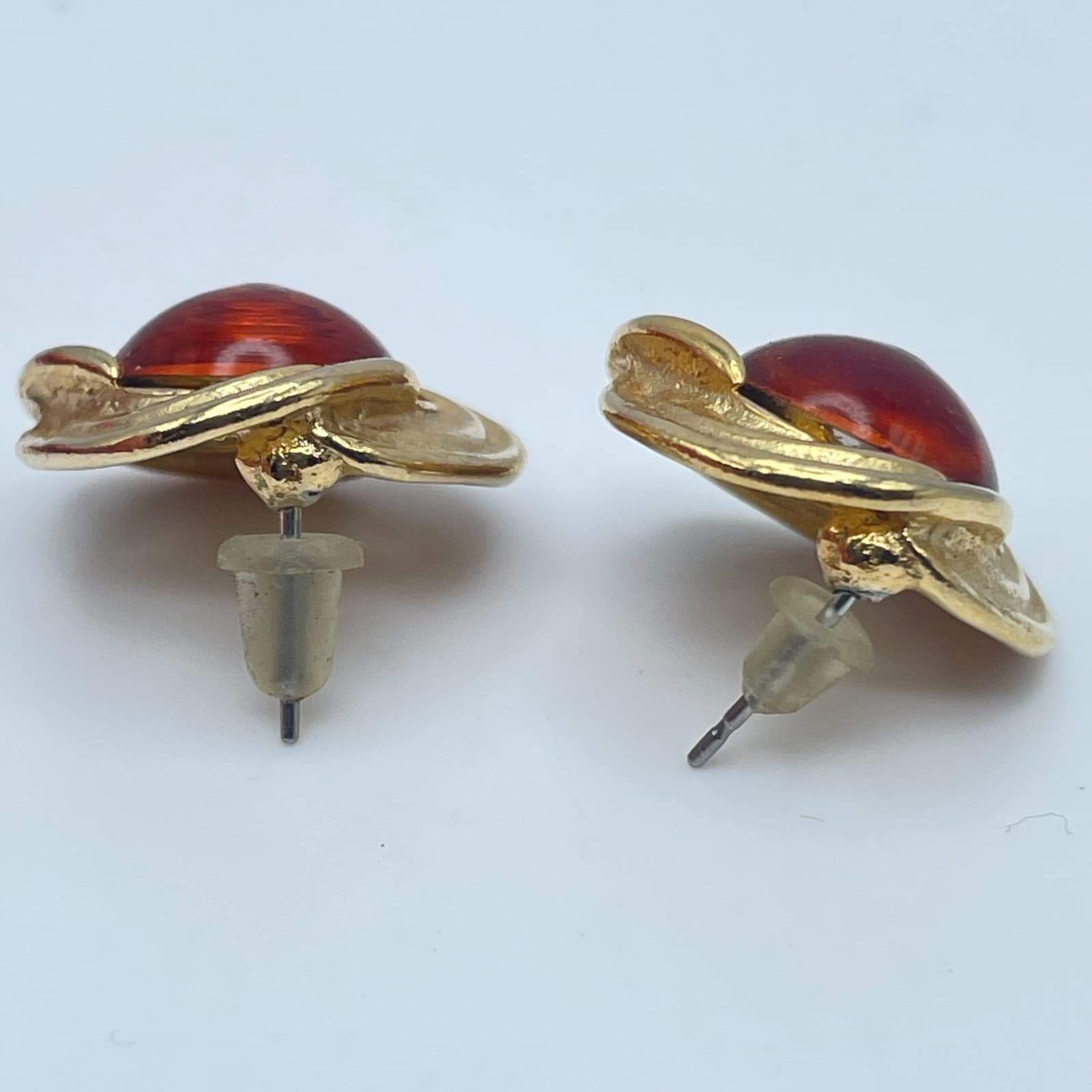 Vintage 90s Amber Cabochon Gold Tone Stud Earrings Women's Classic Jewelry - Thumbnail 6