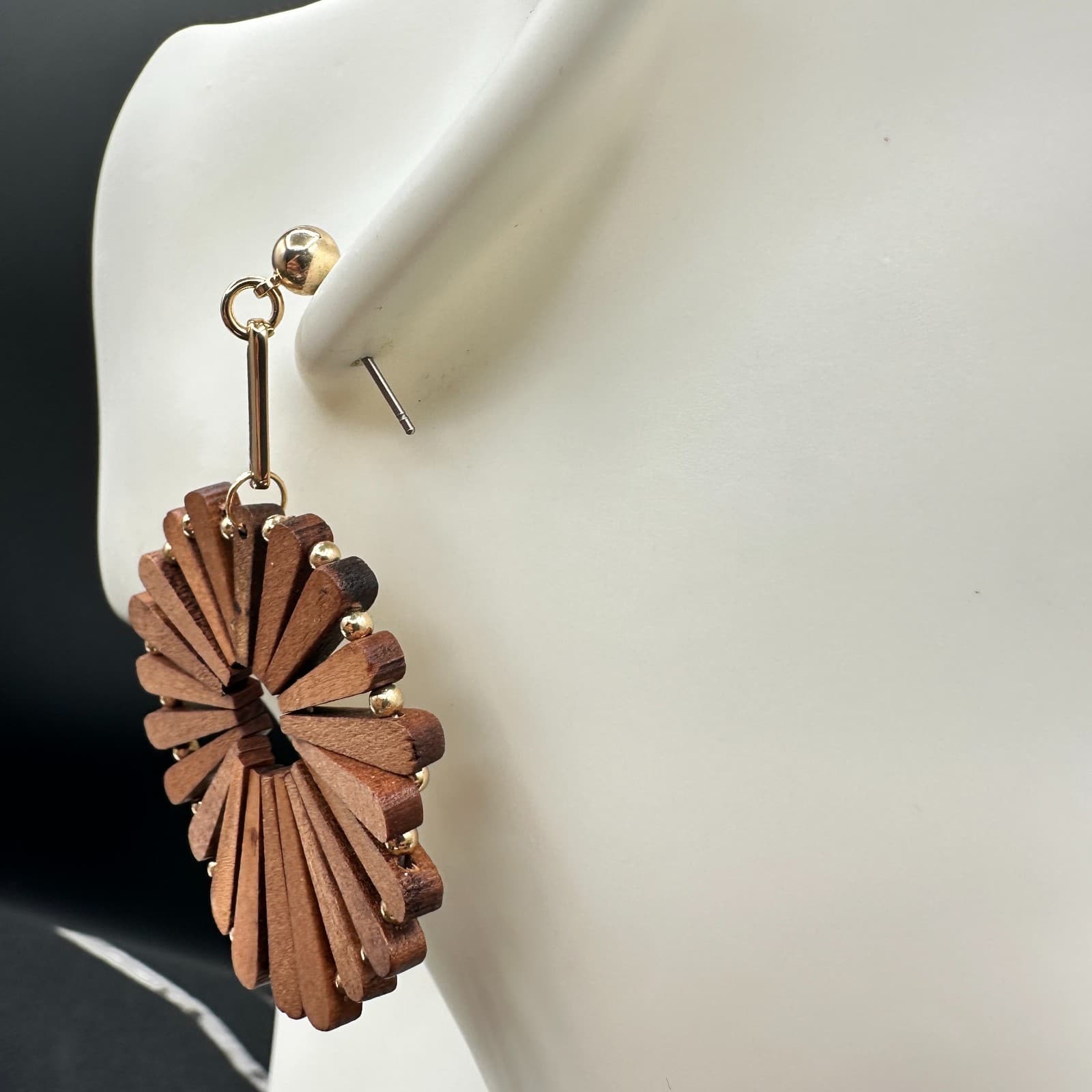 Vintage Handmade Women's Brown Wooden Windmill Dangle/Drop Earrings - Thumbnail 8
