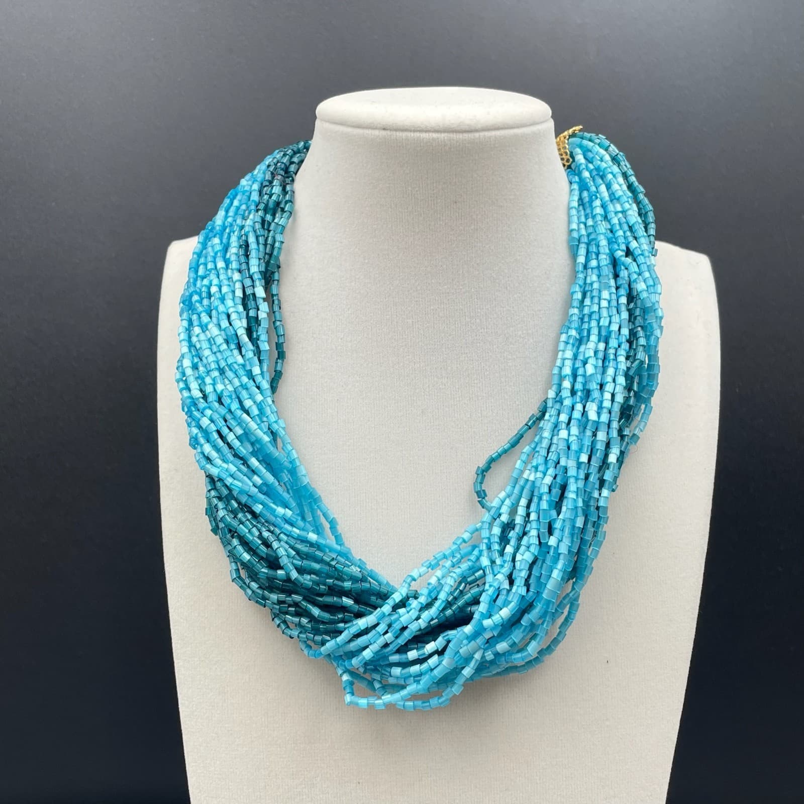 Fashion Gold-Tone Blue Seed Beads Multi-Stranded Hook Layered Statement Necklace - Thumbnail 2