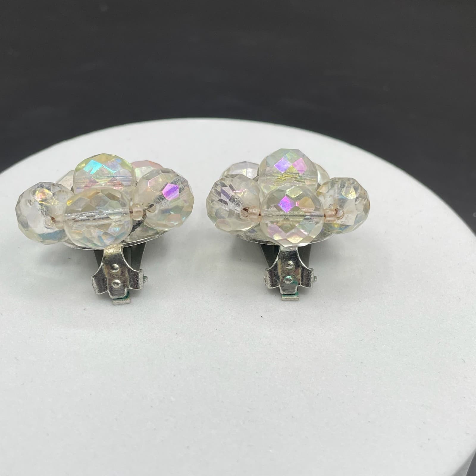 Vintage Aurora Borealis Cluster Earrings Clear Faceted Beads Clip-On - Image 1