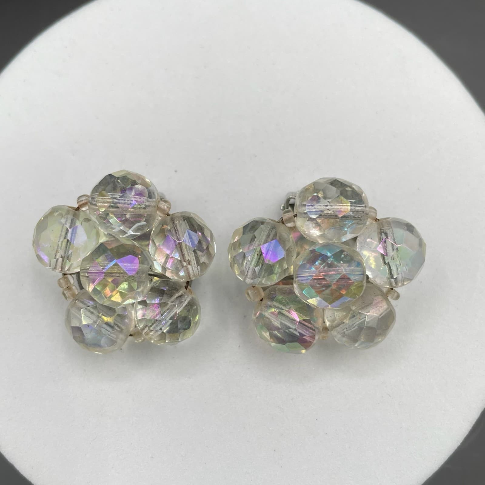 Vintage Aurora Borealis Cluster Earrings Clear Faceted Beads Clip-On - Thumbnail 4
