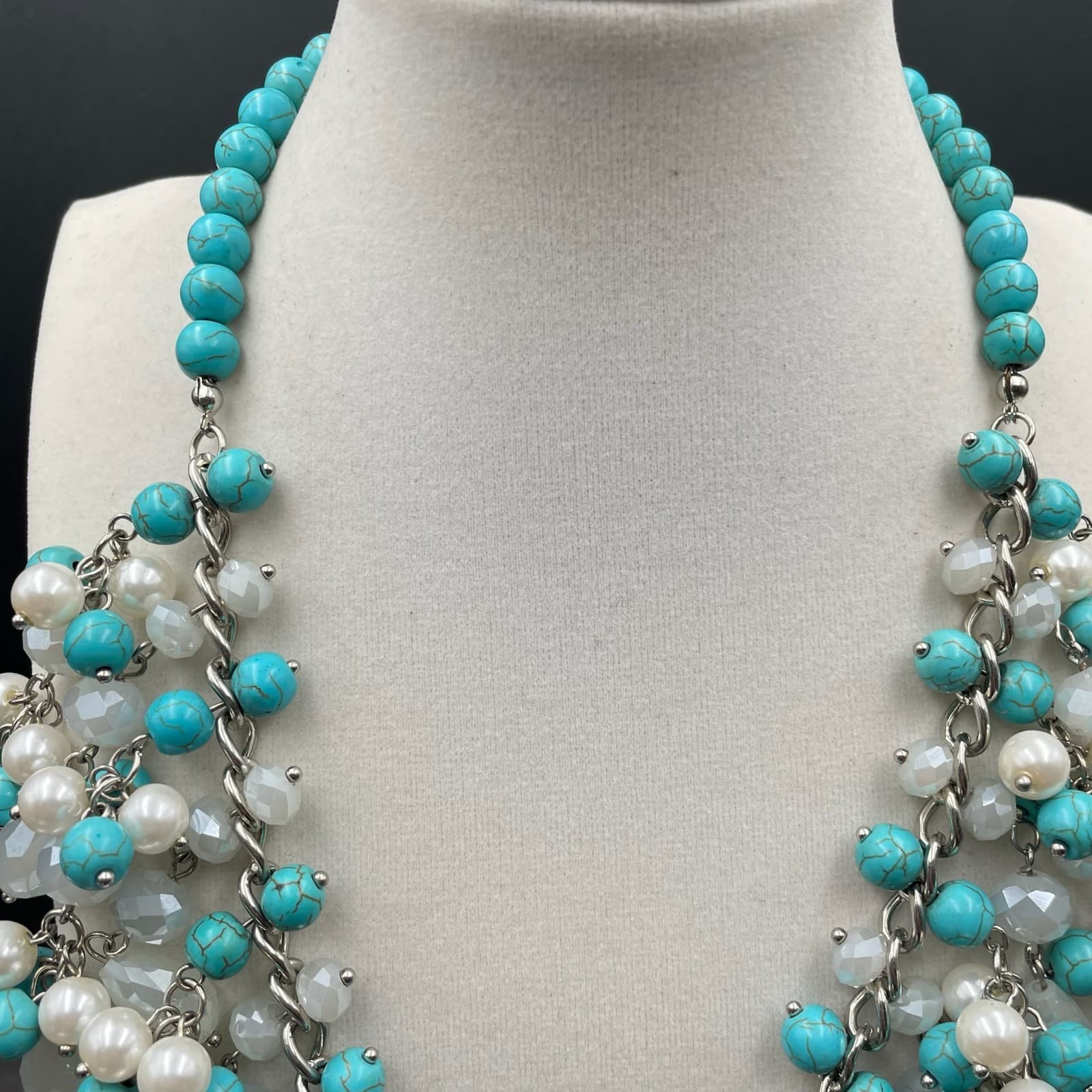 Natasha Silver-Tone Bohemian Turquoise & Pearl Cluster Beaded Statement Necklace - Thumbnail 3
