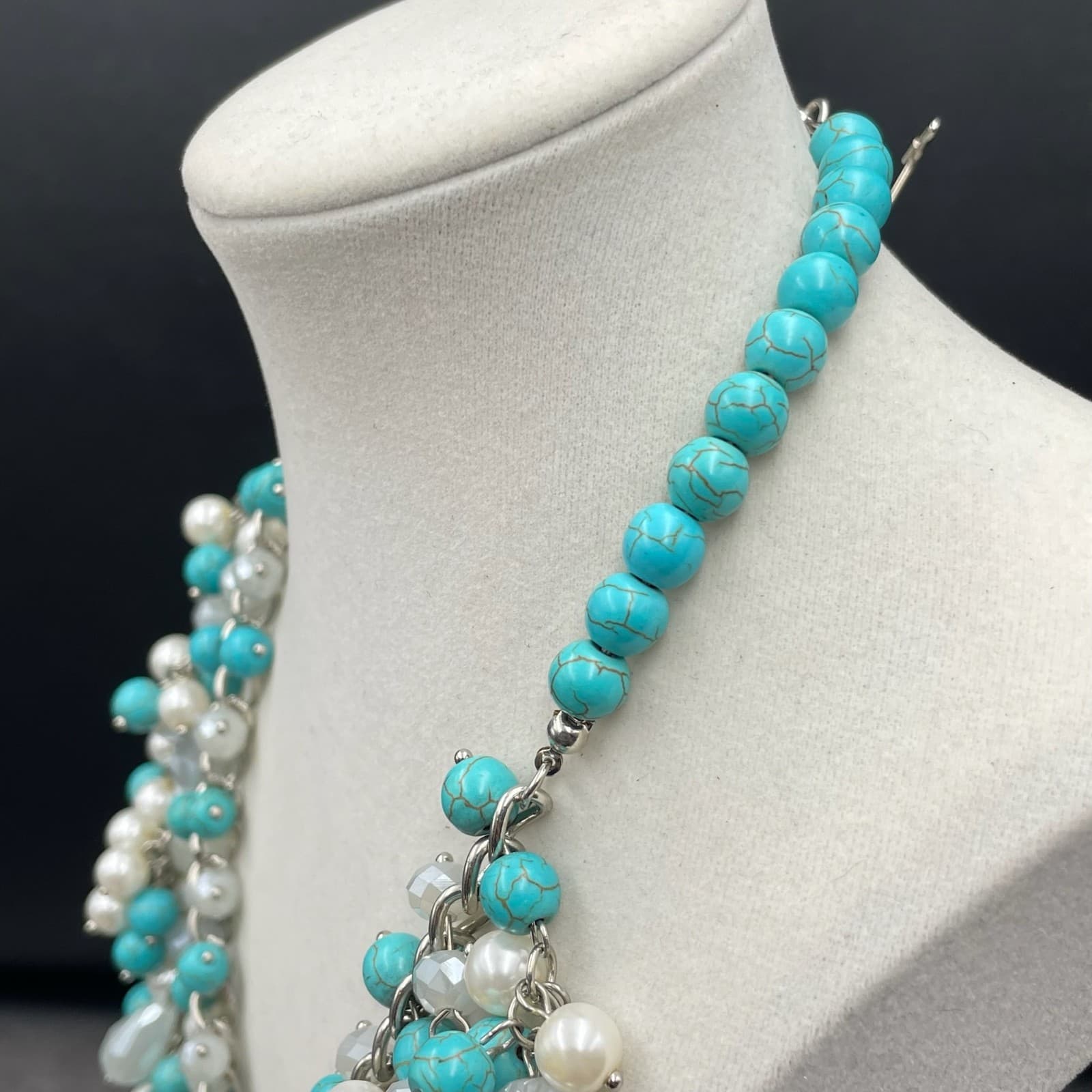 Natasha Silver-Tone Bohemian Turquoise & Pearl Cluster Beaded Statement Necklace - Thumbnail 9