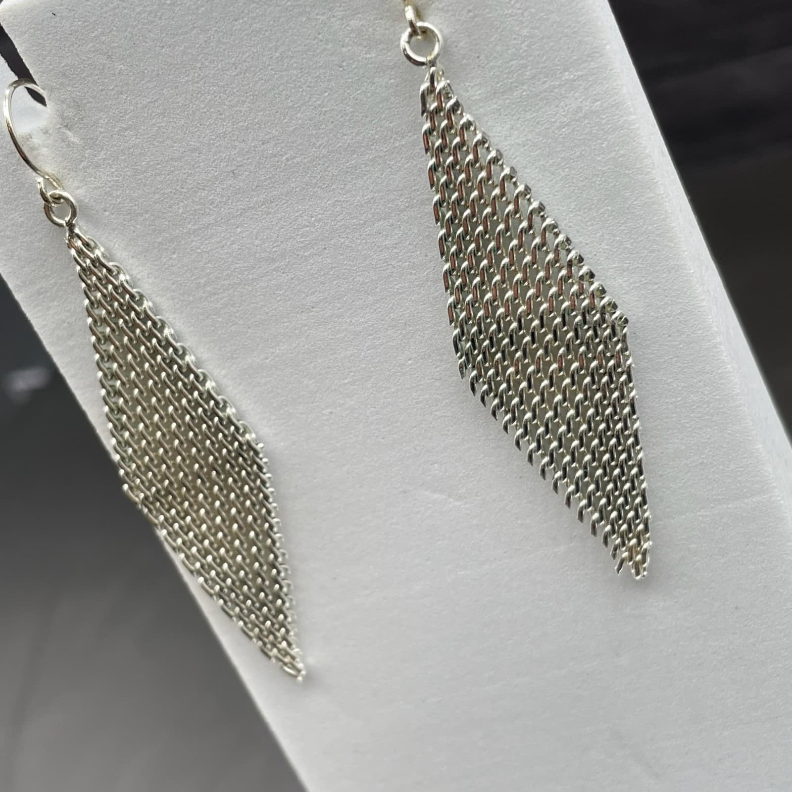 Silver Tone Mesh Diamond Dangle Earrings Retro Disco Style - Thumbnail 4