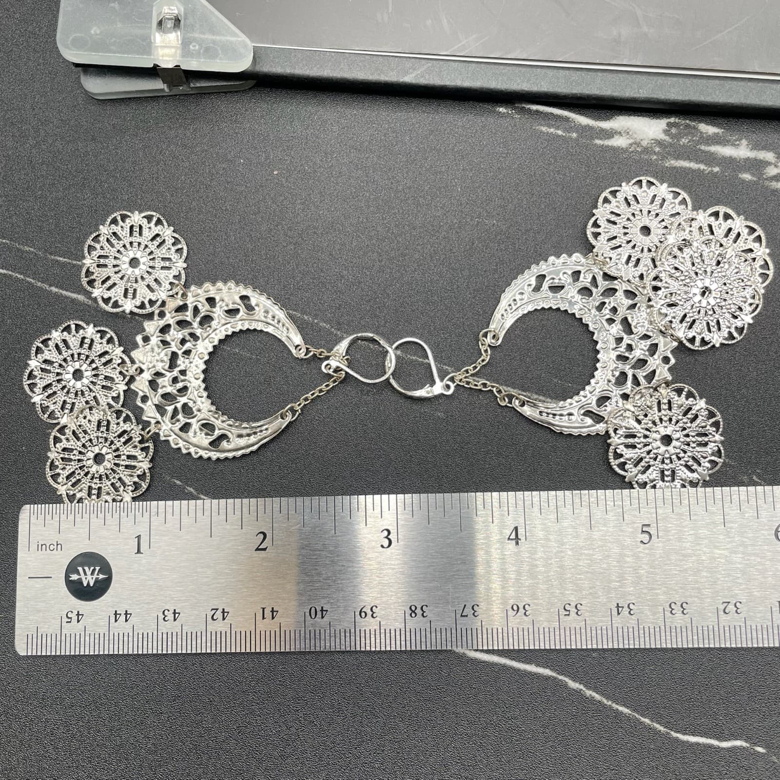 Silver Tone Filigree Chandelier Earrings Boho Crescent Medallion Style - Thumbnail 9