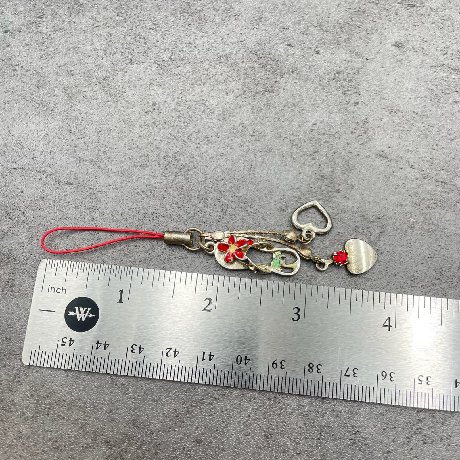 Y2K Silver-Tone Embellished Red Plumeria Flower Heart Dangle Cell Phone Charm - Thumbnail 6