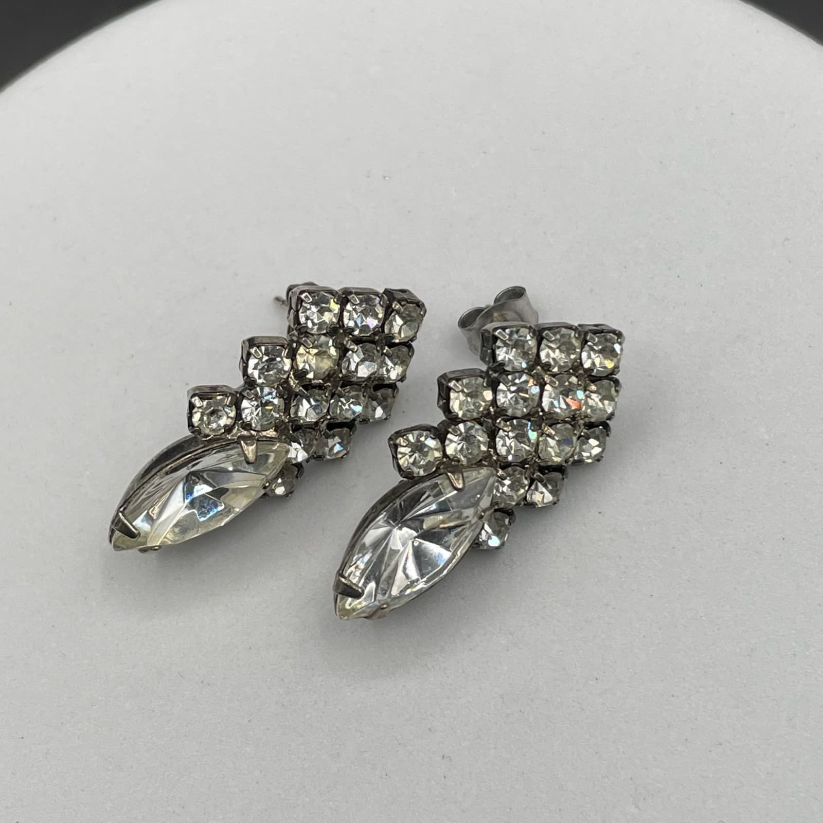 Vintage Rhinestone Cluster Earrings w/ Marquise Crystal Drop Glam - Thumbnail 4