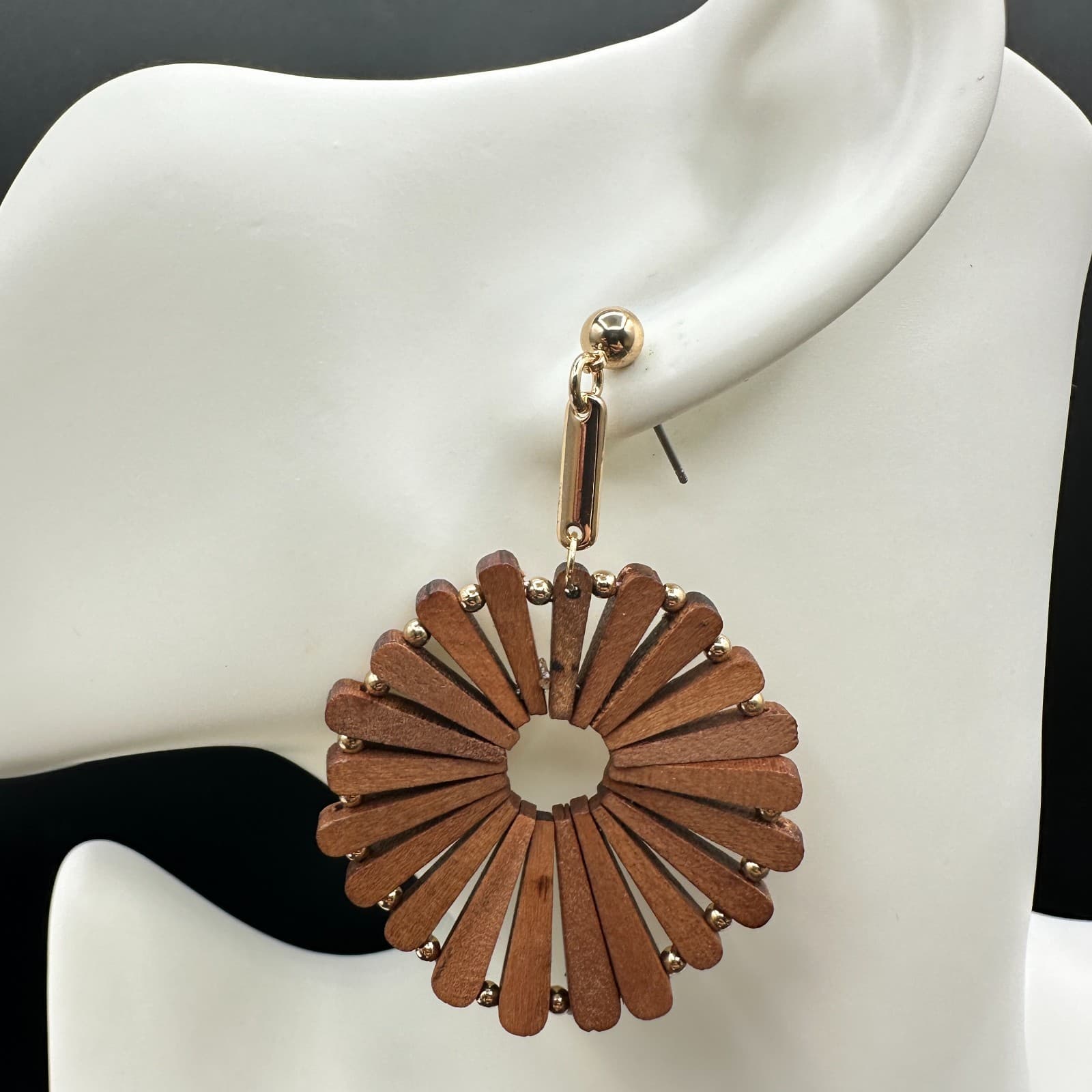 Vintage Handmade Women's Brown Wooden Windmill Dangle/Drop Earrings - Thumbnail 2