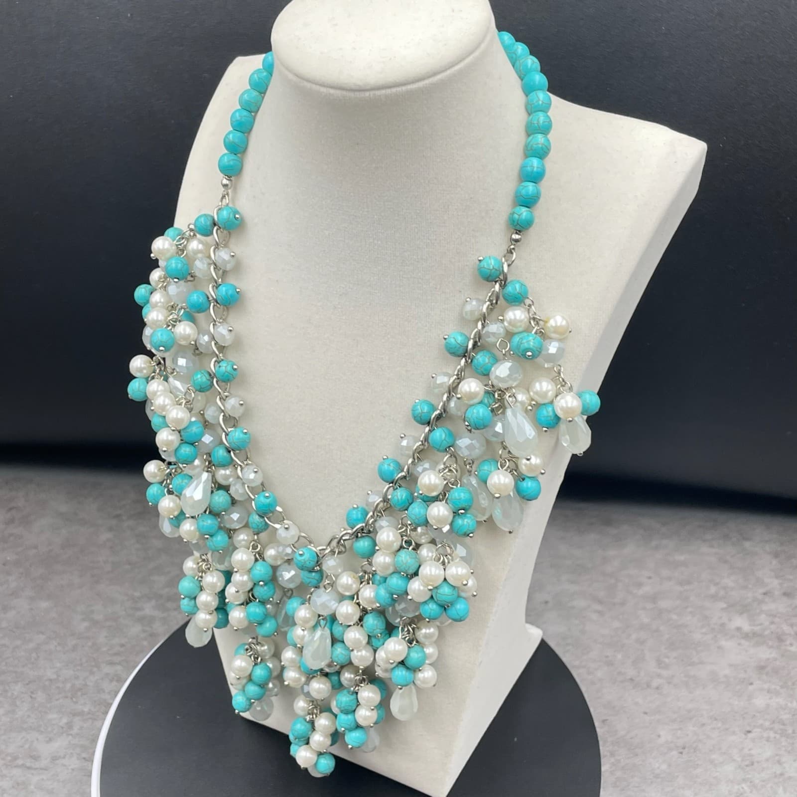 Natasha Silver-Tone Bohemian Turquoise & Pearl Cluster Beaded Statement Necklace - Thumbnail 8