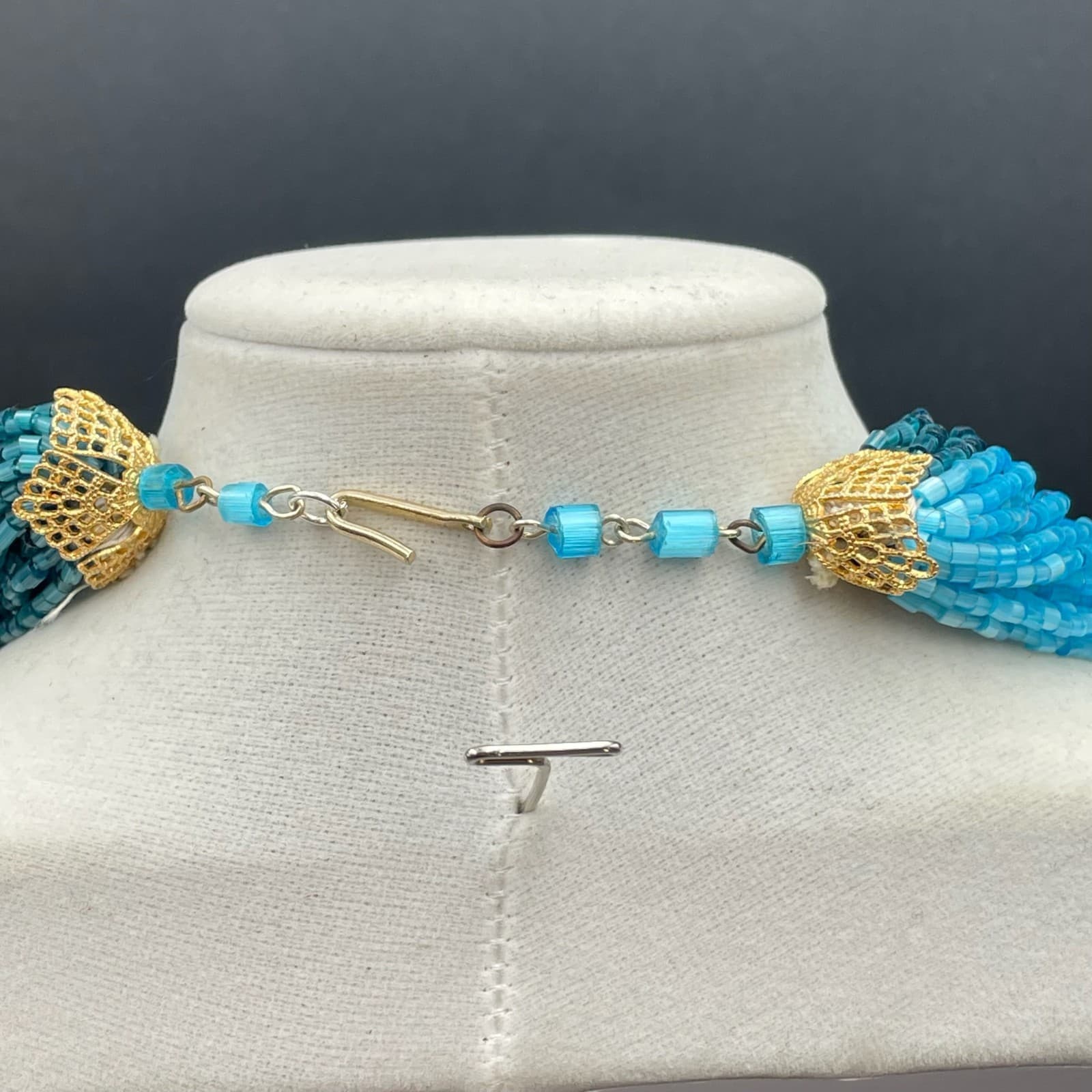 Fashion Gold-Tone Blue Seed Beads Multi-Stranded Hook Layered Statement Necklace - Thumbnail 8