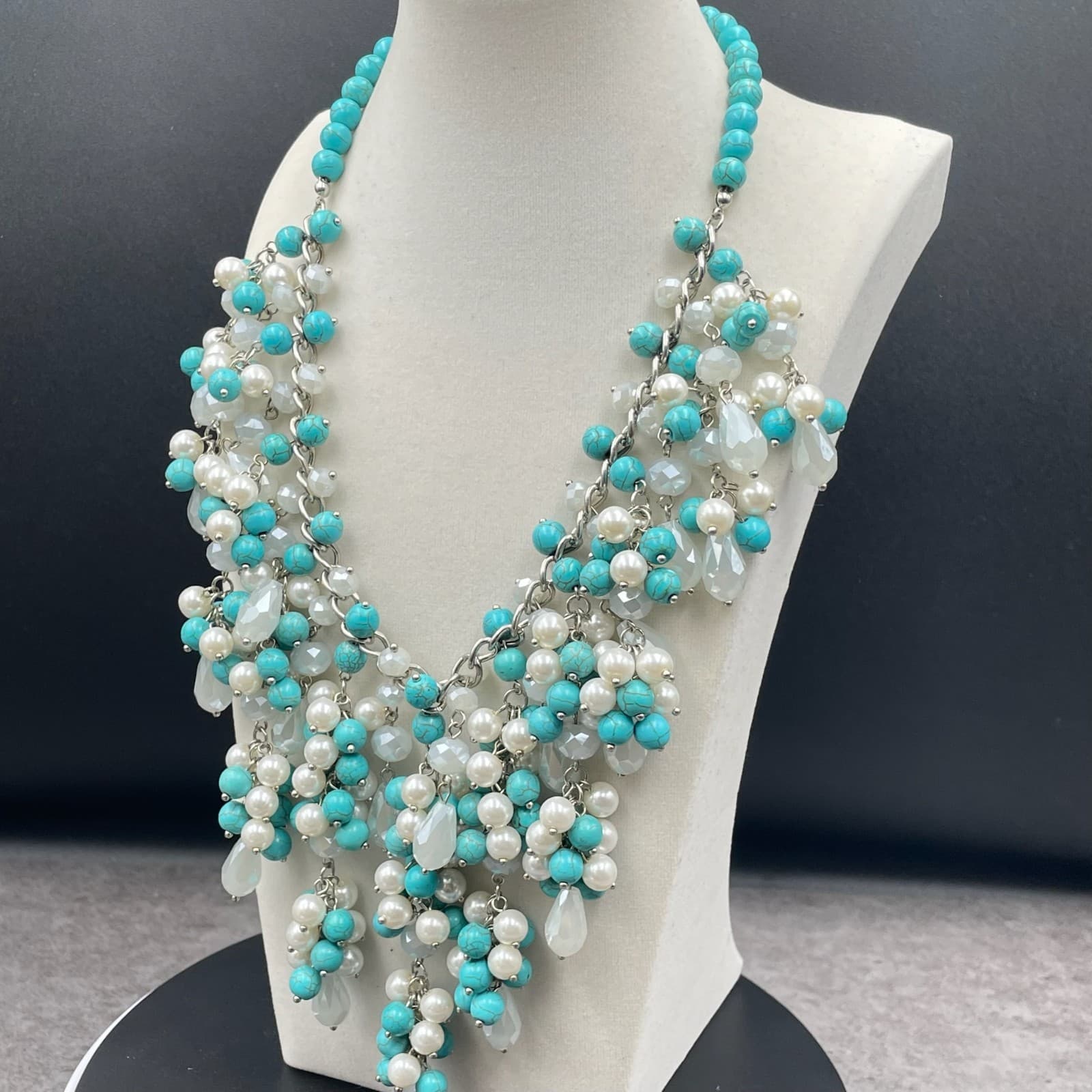 Natasha Silver-Tone Bohemian Turquoise & Pearl Cluster Beaded Statement Necklace - Thumbnail 7