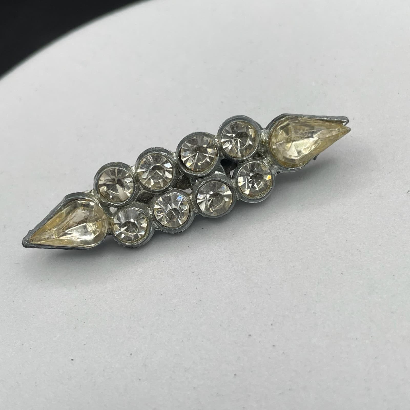 Vintage Rhinestone Bar Brooch w/ Clear Round & Teardrop Stones - Thumbnail 5