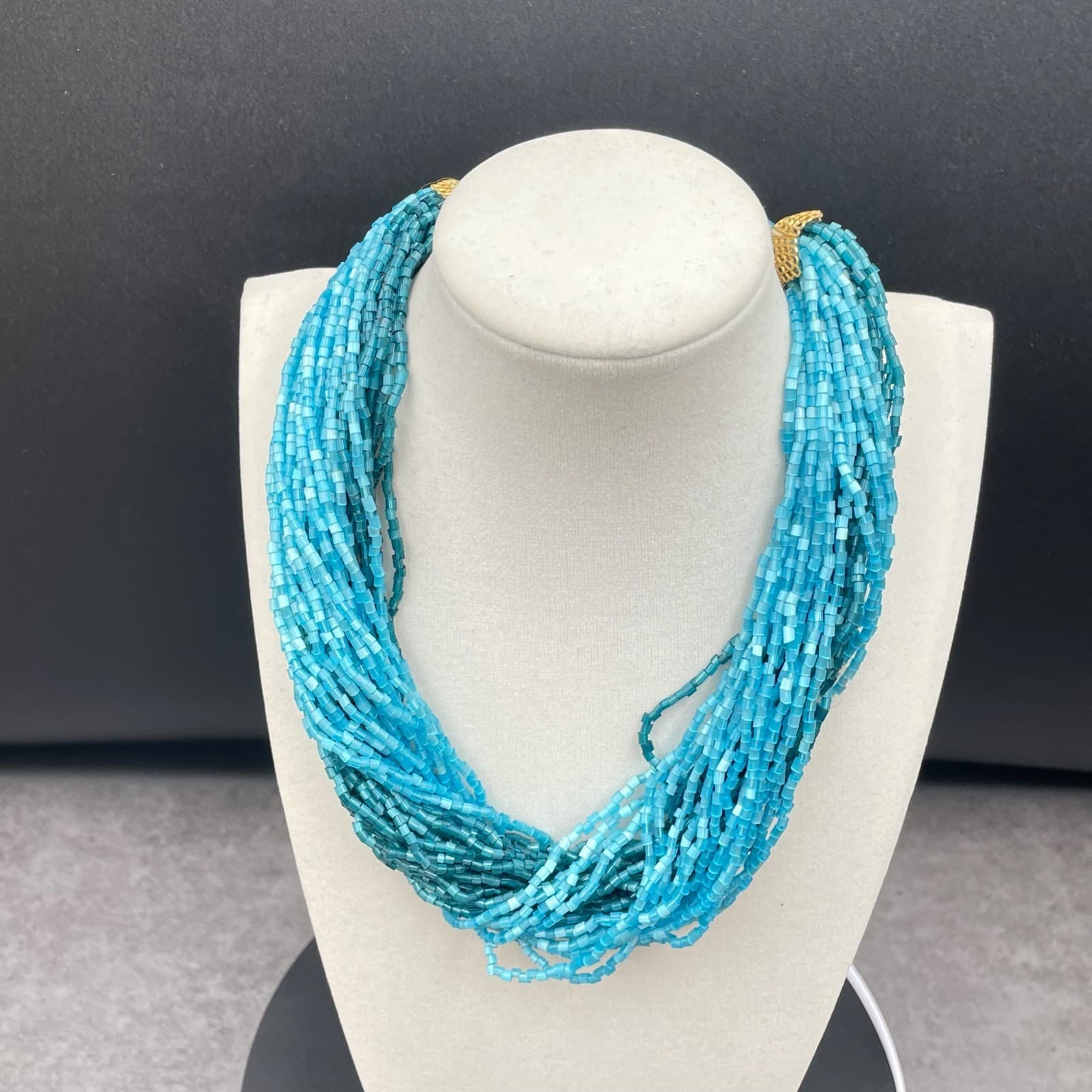 Fashion Gold-Tone Blue Seed Beads Multi-Stranded Hook Layered Statement Necklace - Image 1