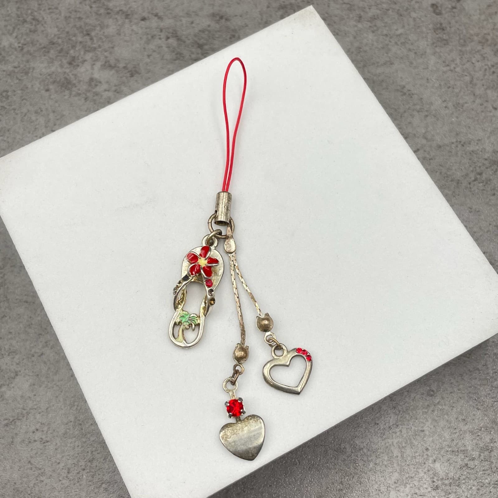 Y2K Silver-Tone Embellished Red Plumeria Flower Heart Dangle Cell Phone Charm - Image 1