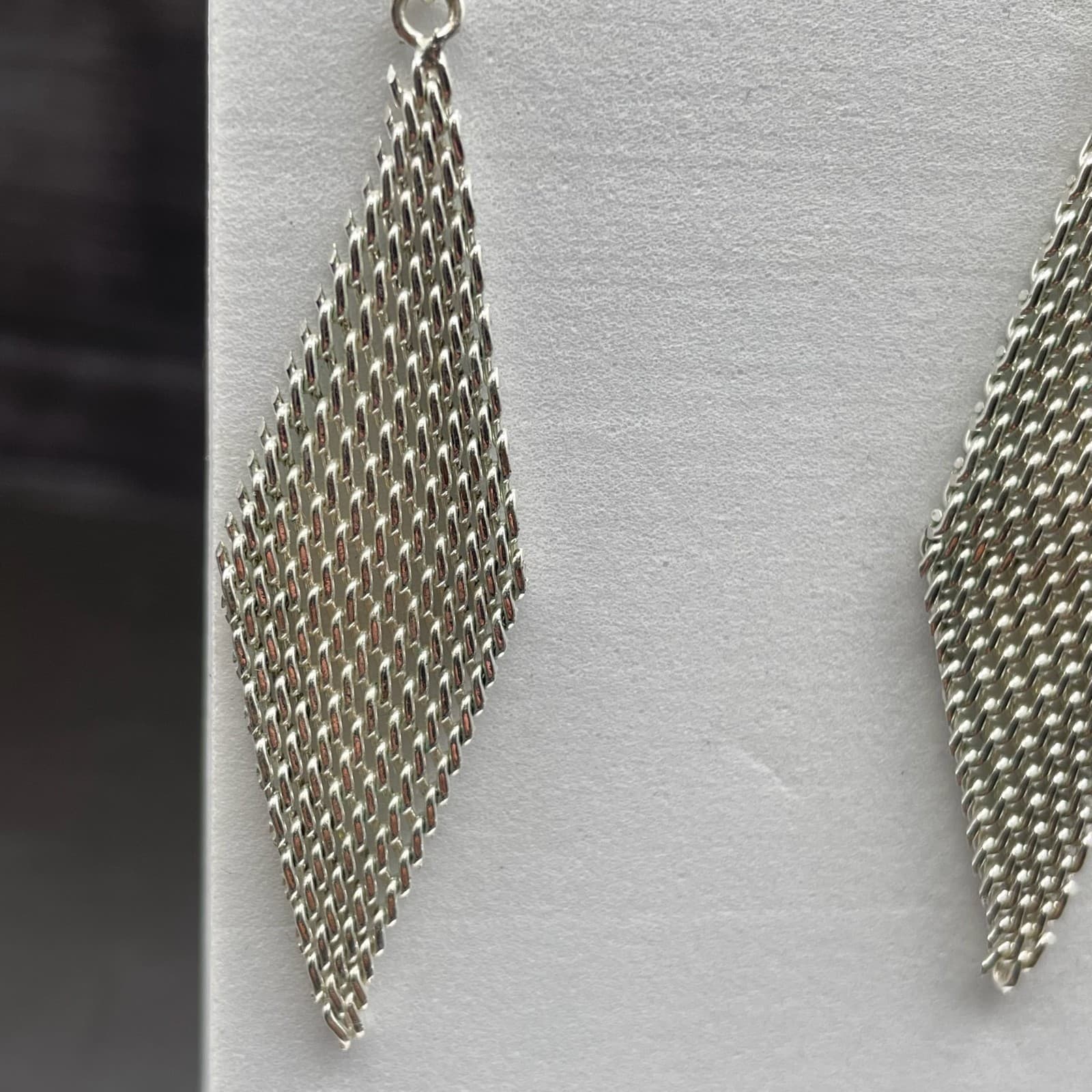 Silver Tone Mesh Diamond Dangle Earrings Retro Disco Style - Thumbnail 5