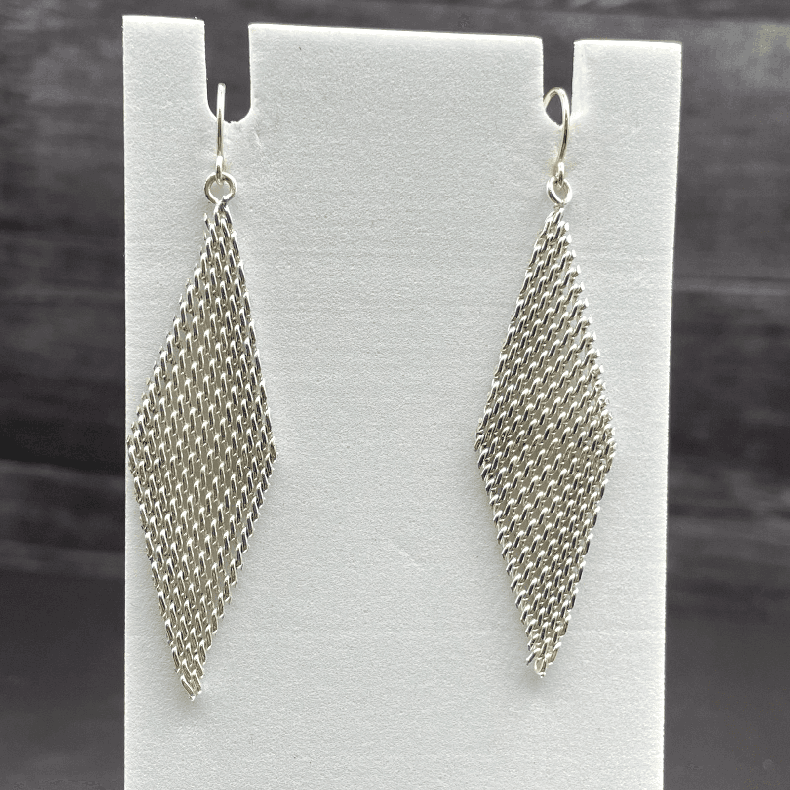 Silver Tone Mesh Diamond Dangle Earrings Retro Disco Style - Image 1