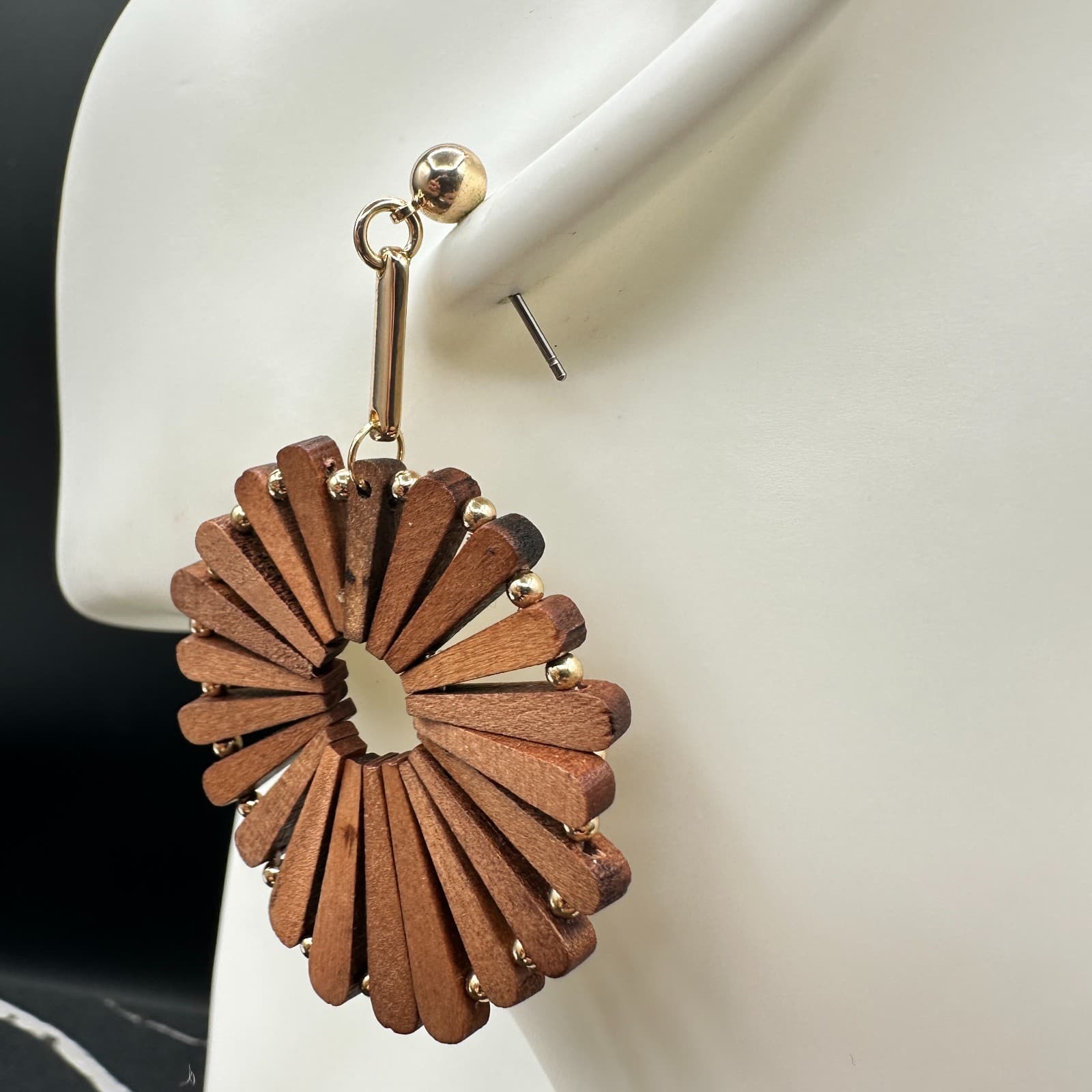 Vintage Handmade Women's Brown Wooden Windmill Dangle/Drop Earrings - Thumbnail 7
