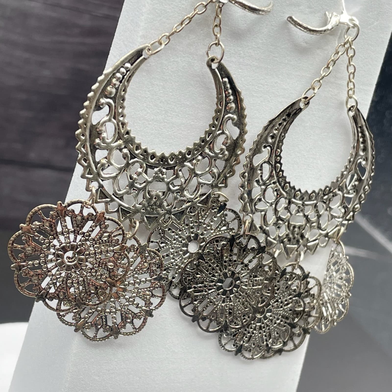 Silver Tone Filigree Chandelier Earrings Boho Crescent Medallion Style - Thumbnail 3