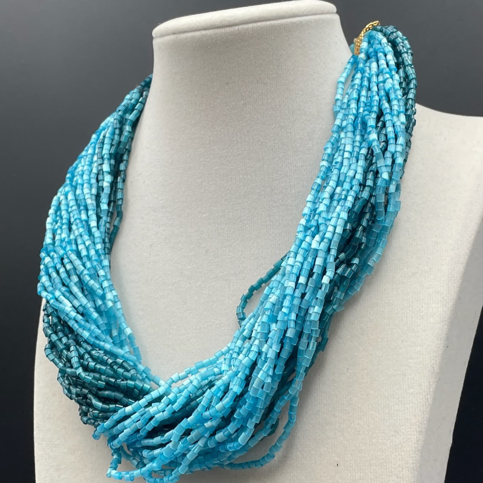 Fashion Gold-Tone Blue Seed Beads Multi-Stranded Hook Layered Statement Necklace - Thumbnail 4