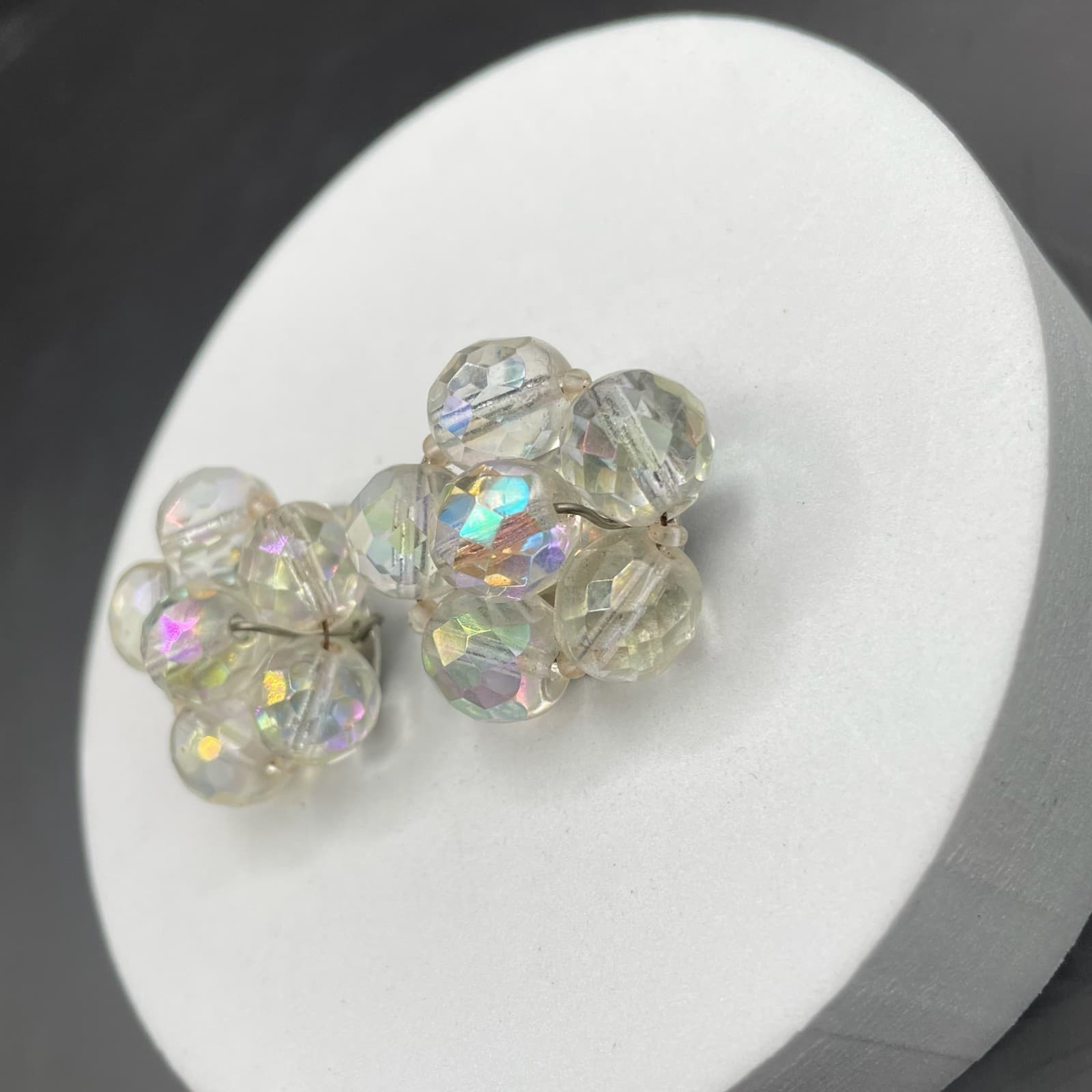 Vintage Aurora Borealis Cluster Earrings Clear Faceted Beads Clip-On - Thumbnail 3