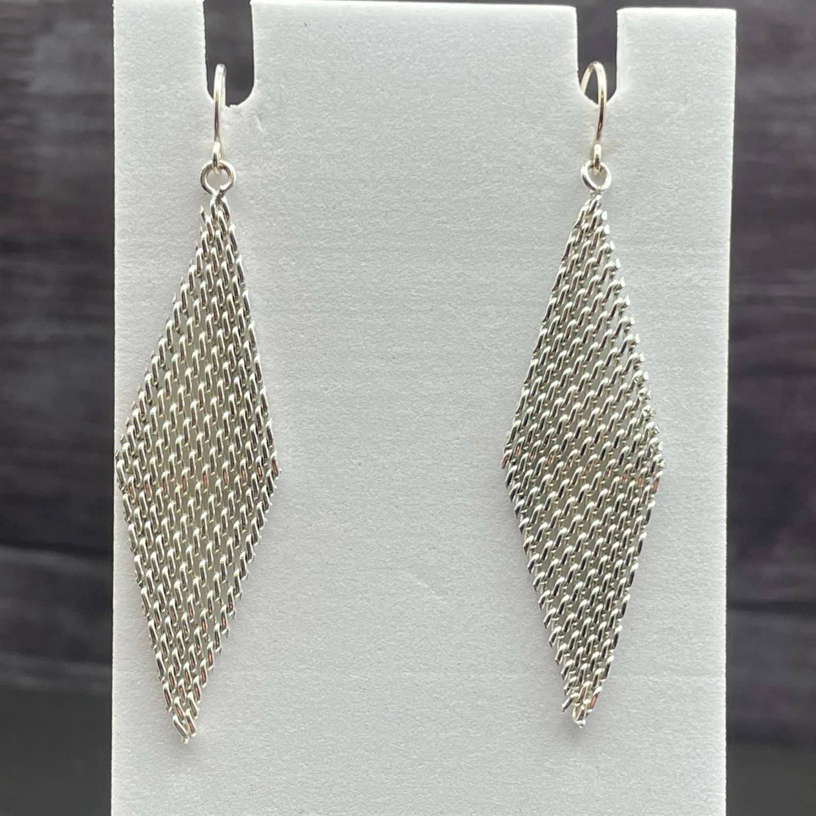 Silver Tone Mesh Diamond Dangle Earrings Retro Disco Style - Thumbnail 2
