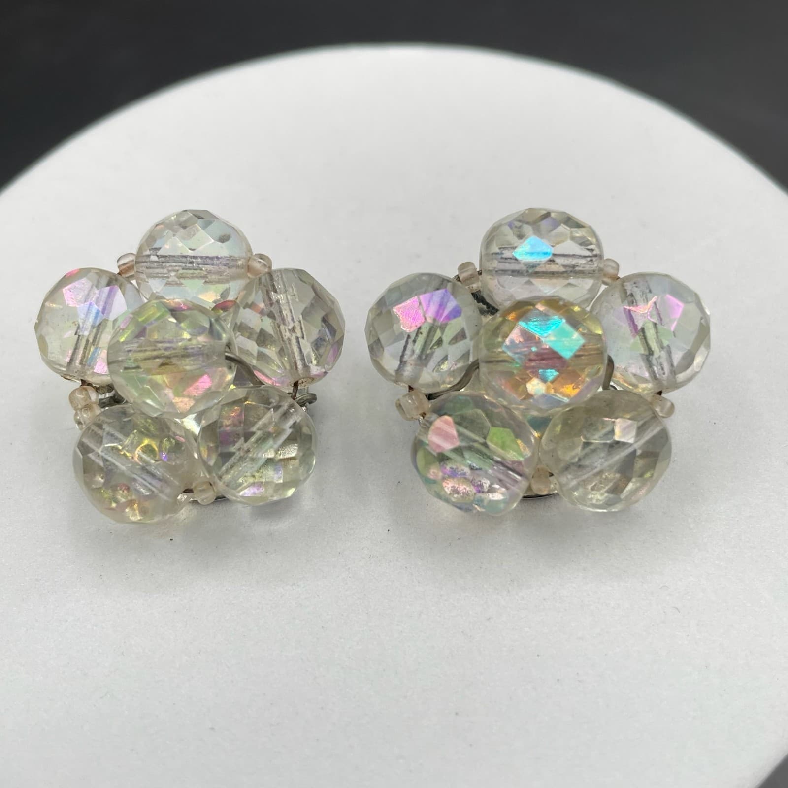 Vintage Aurora Borealis Cluster Earrings Clear Faceted Beads Clip-On - Thumbnail 5