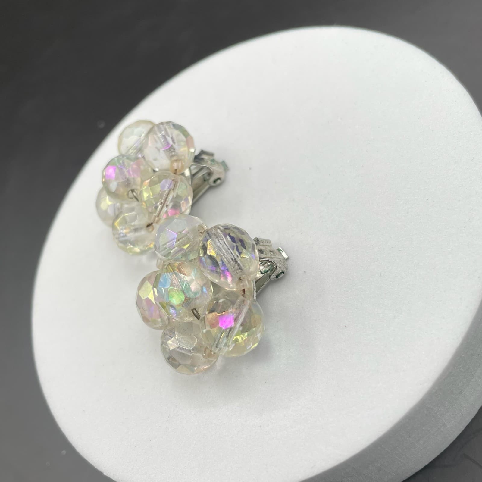 Vintage Aurora Borealis Cluster Earrings Clear Faceted Beads Clip-On - Thumbnail 2