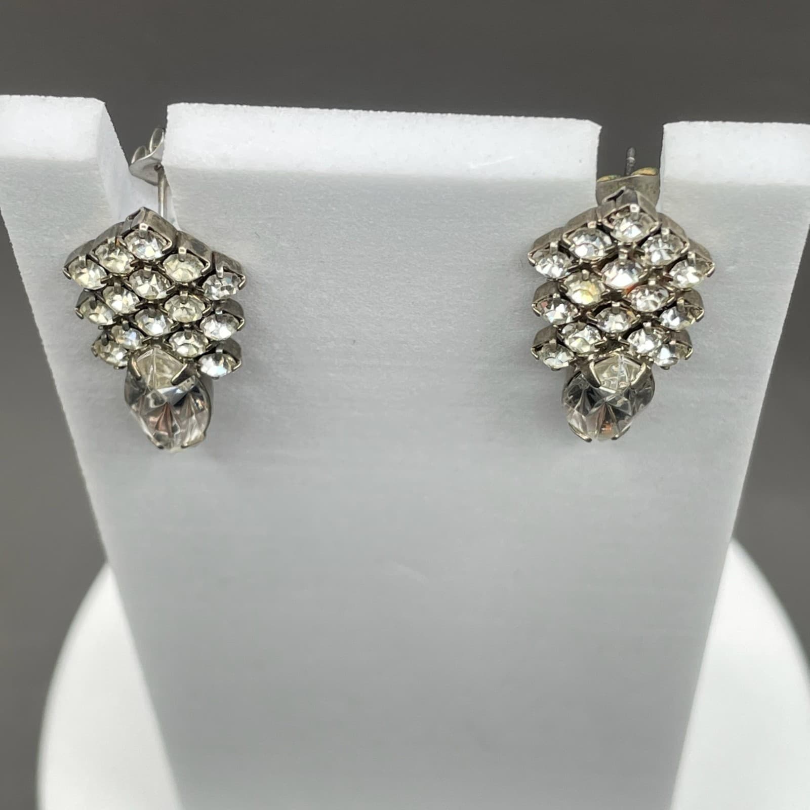 Vintage Rhinestone Cluster Earrings w/ Marquise Crystal Drop Glam - Thumbnail 2