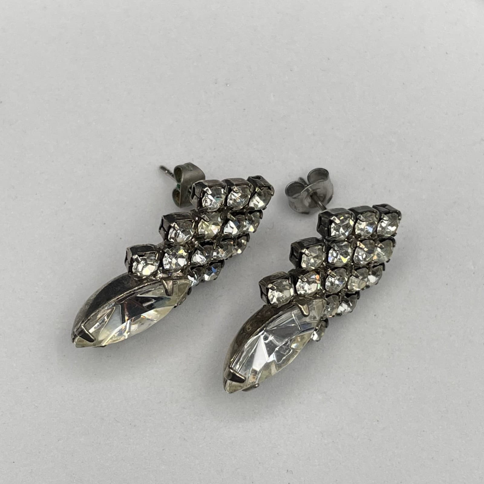 Vintage Rhinestone Cluster Earrings w/ Marquise Crystal Drop Glam - Thumbnail 5