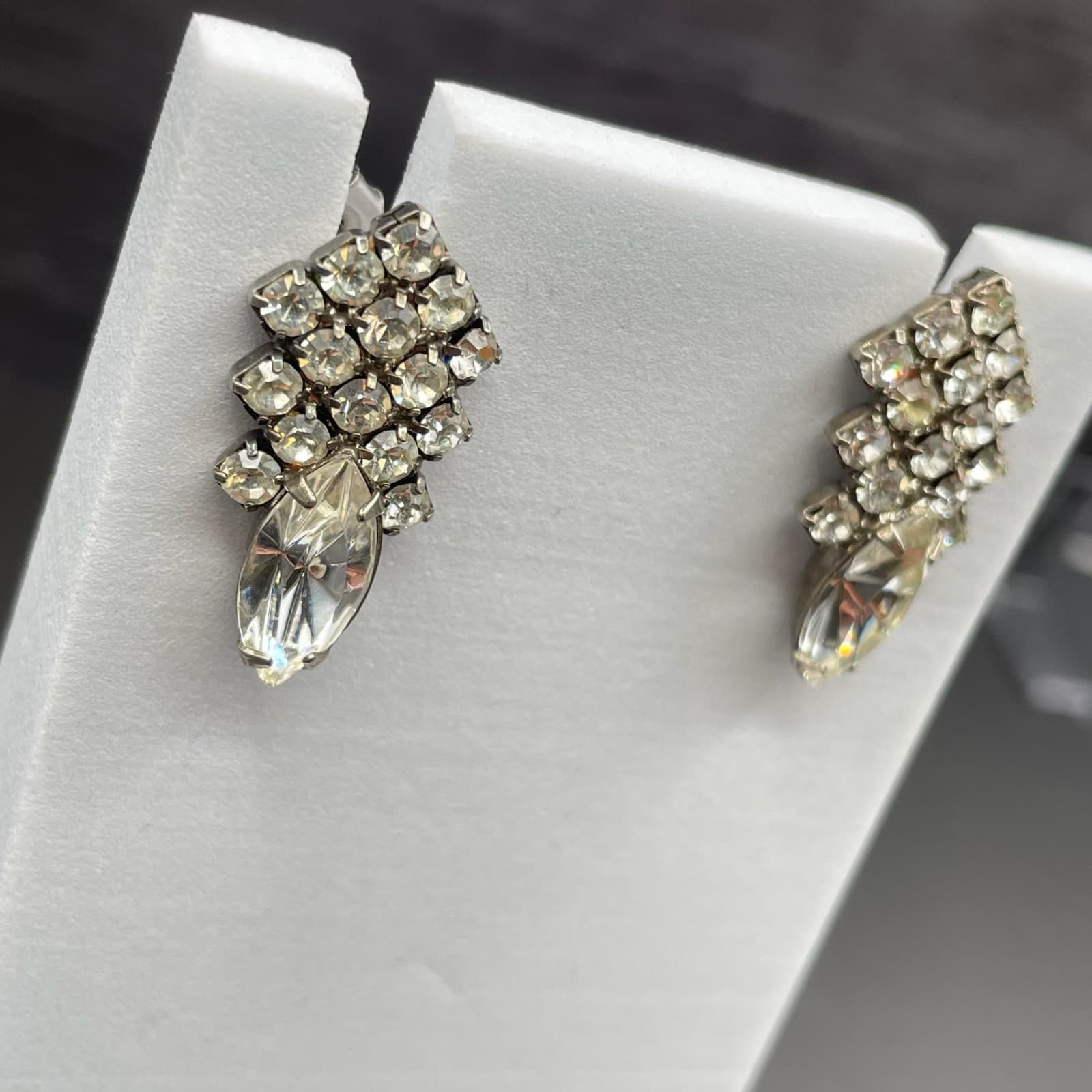 Vintage Rhinestone Cluster Earrings w/ Marquise Crystal Drop Glam - Thumbnail 7