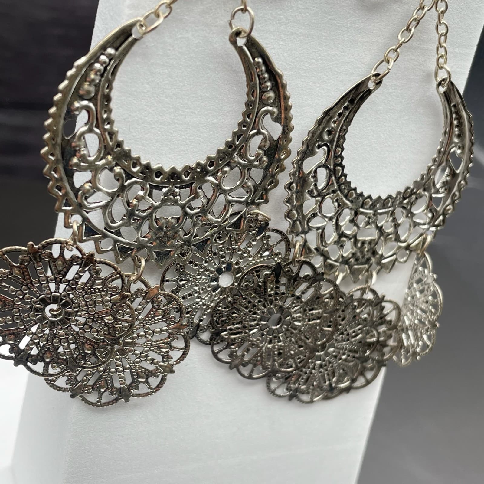 Silver Tone Filigree Chandelier Earrings Boho Crescent Medallion Style - Thumbnail 4