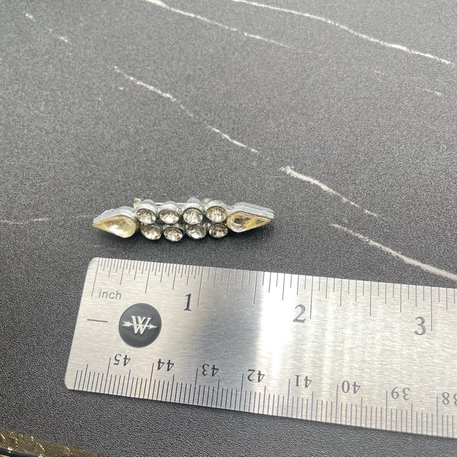 Vintage Rhinestone Bar Brooch w/ Clear Round & Teardrop Stones - Thumbnail 8