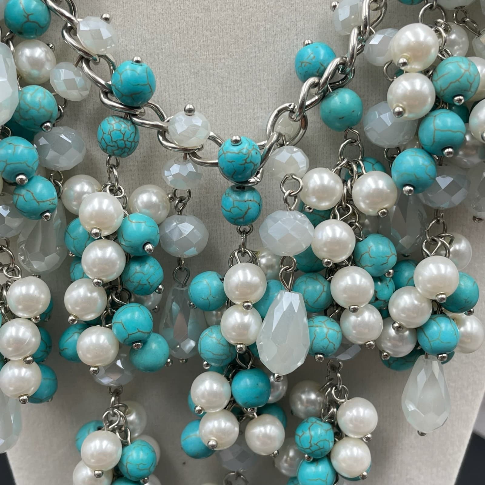 Natasha Silver-Tone Bohemian Turquoise & Pearl Cluster Beaded Statement Necklace - Thumbnail 5