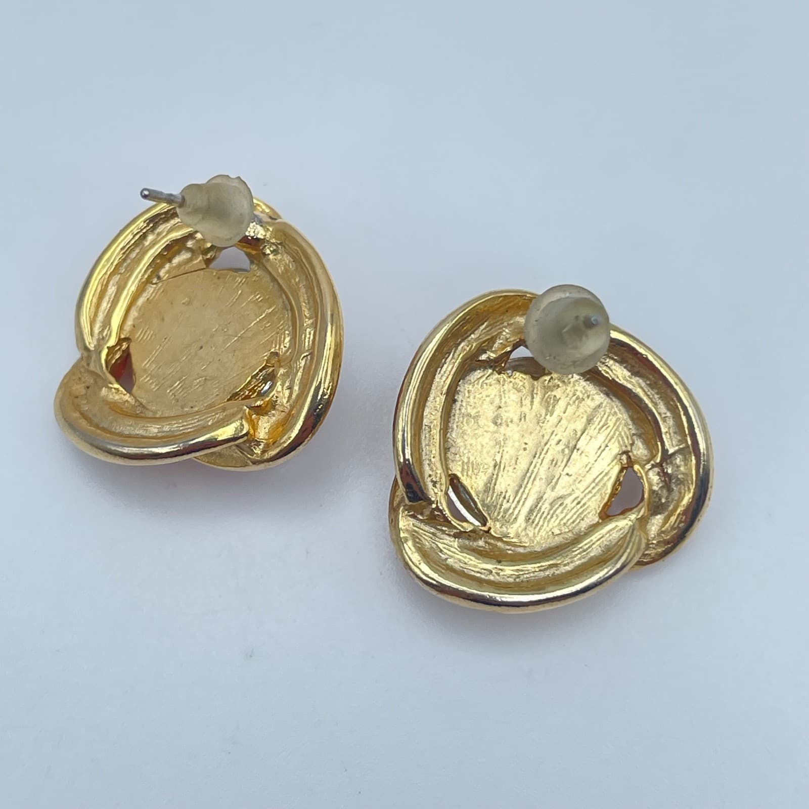 Vintage 90s Amber Cabochon Gold Tone Stud Earrings Women's Classic Jewelry - Thumbnail 3