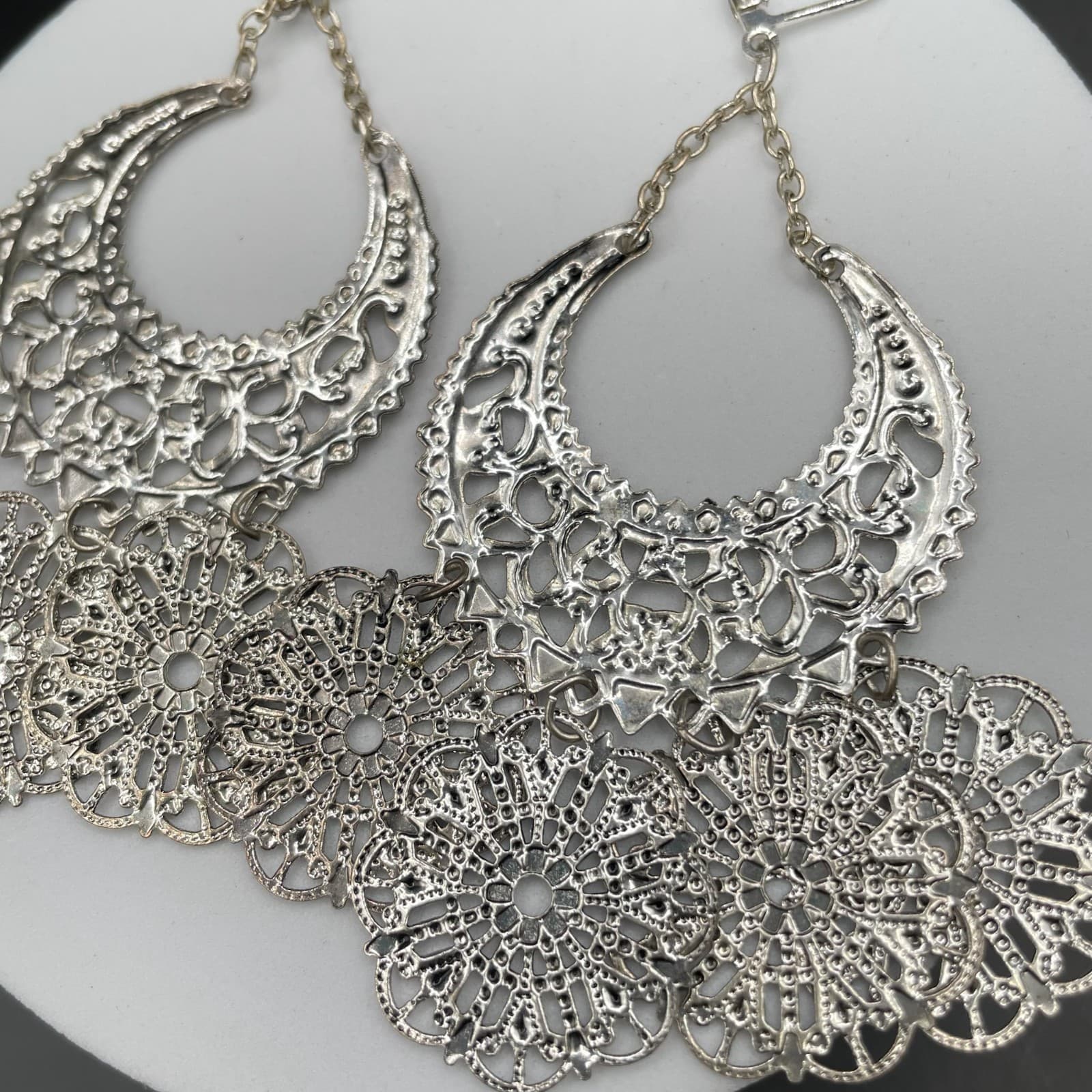 Silver Tone Filigree Chandelier Earrings Boho Crescent Medallion Style - Thumbnail 7