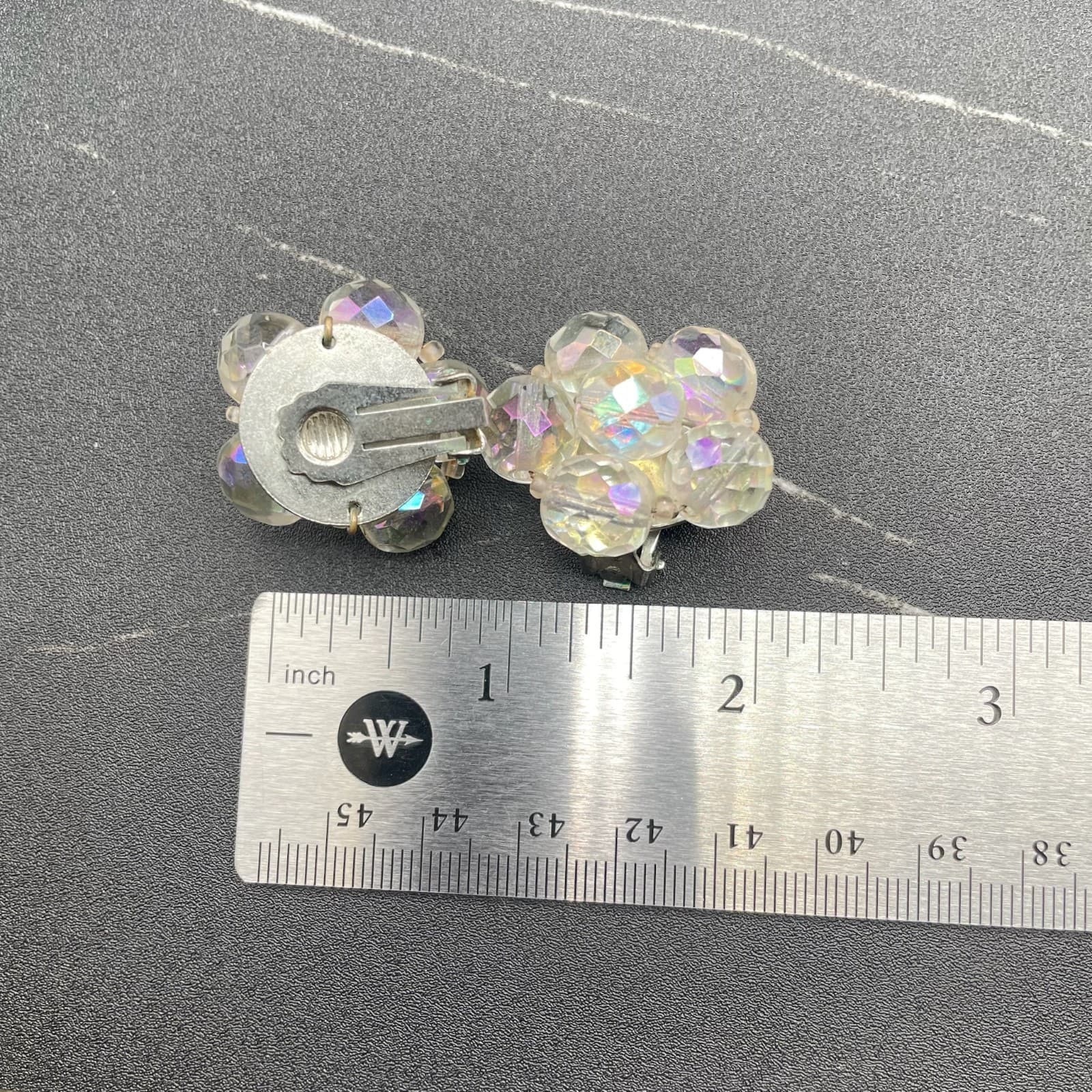 Vintage Aurora Borealis Cluster Earrings Clear Faceted Beads Clip-On - Thumbnail 8
