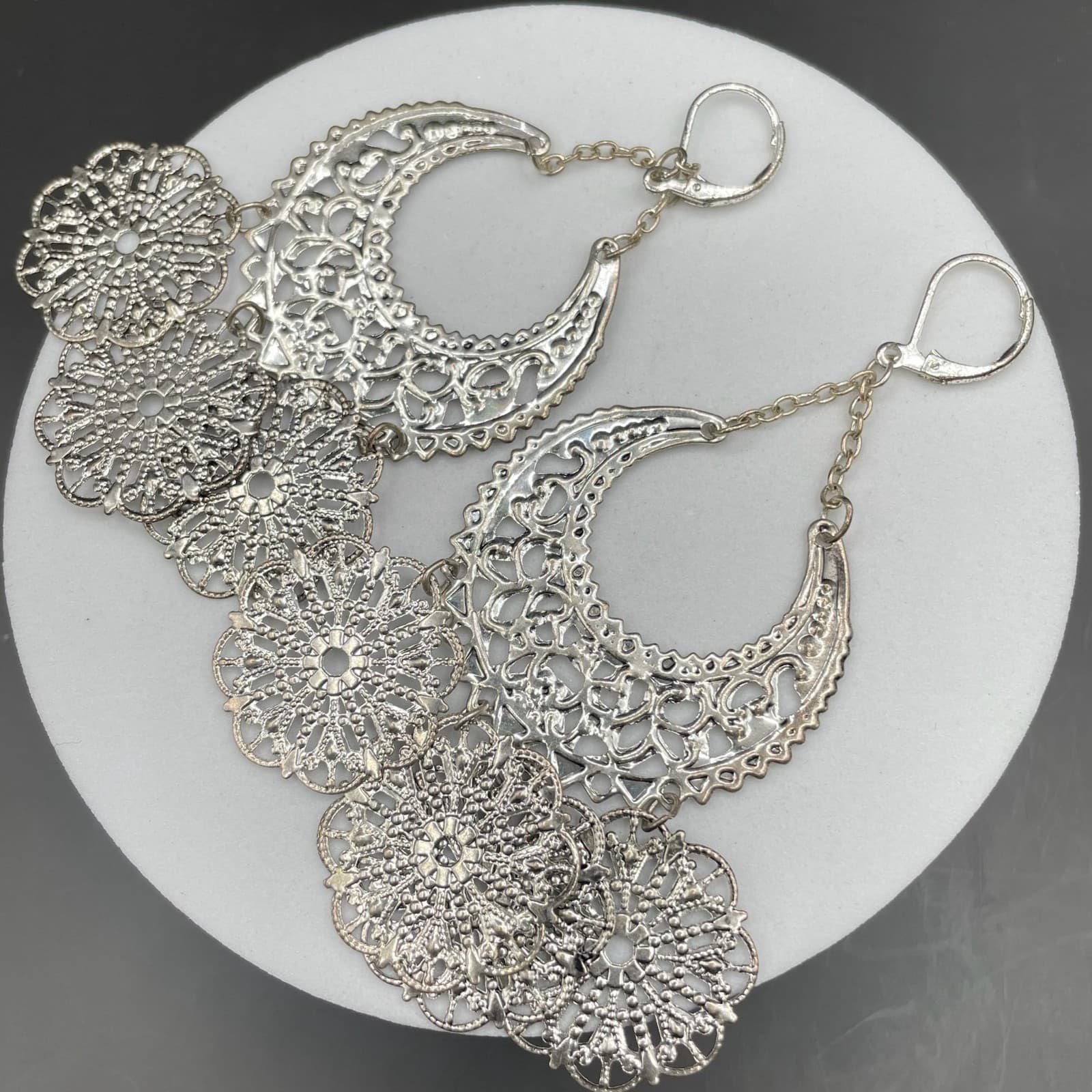 Silver Tone Filigree Chandelier Earrings Boho Crescent Medallion Style - Thumbnail 6